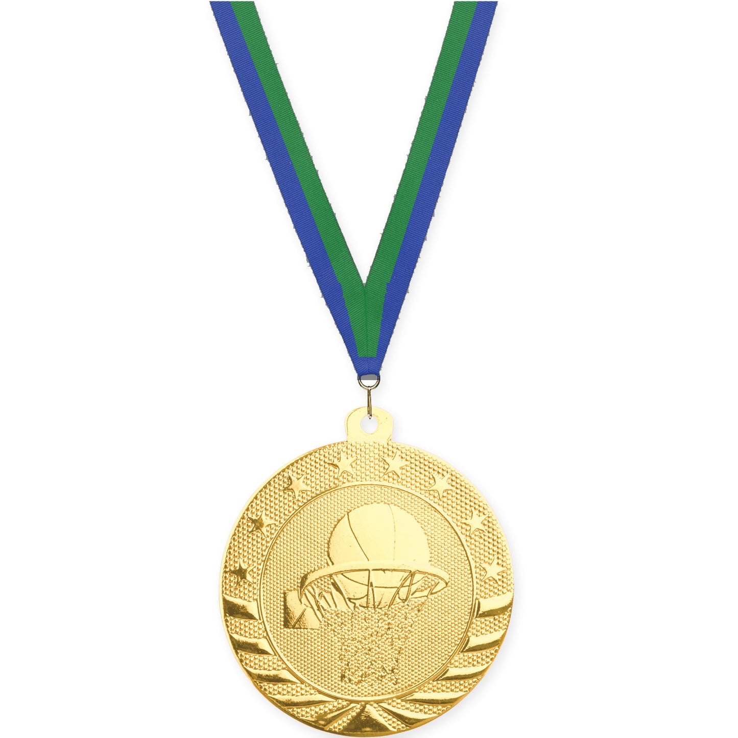 2 inch basketball Starbrite medal in bright gold with Blue Green neck ribbon