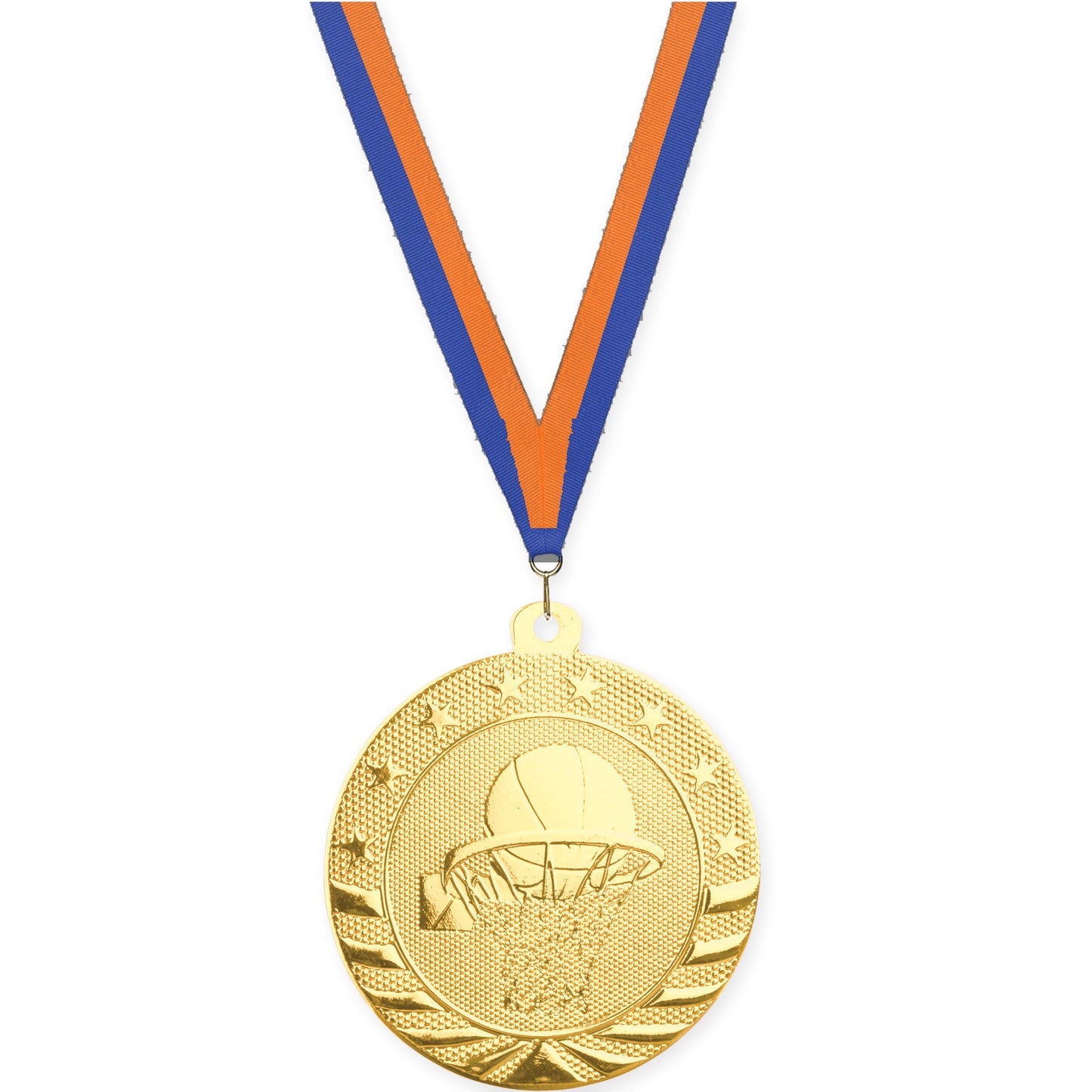 2 inch basketball Starbrite medal in bright gold with Blue Orange neck ribbon