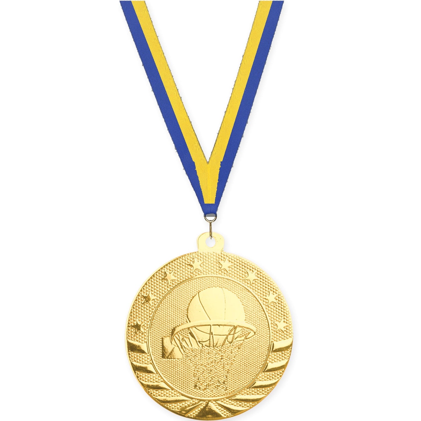 2 inch basketball Starbrite medal in bright gold with Blue Yellow neck ribbon