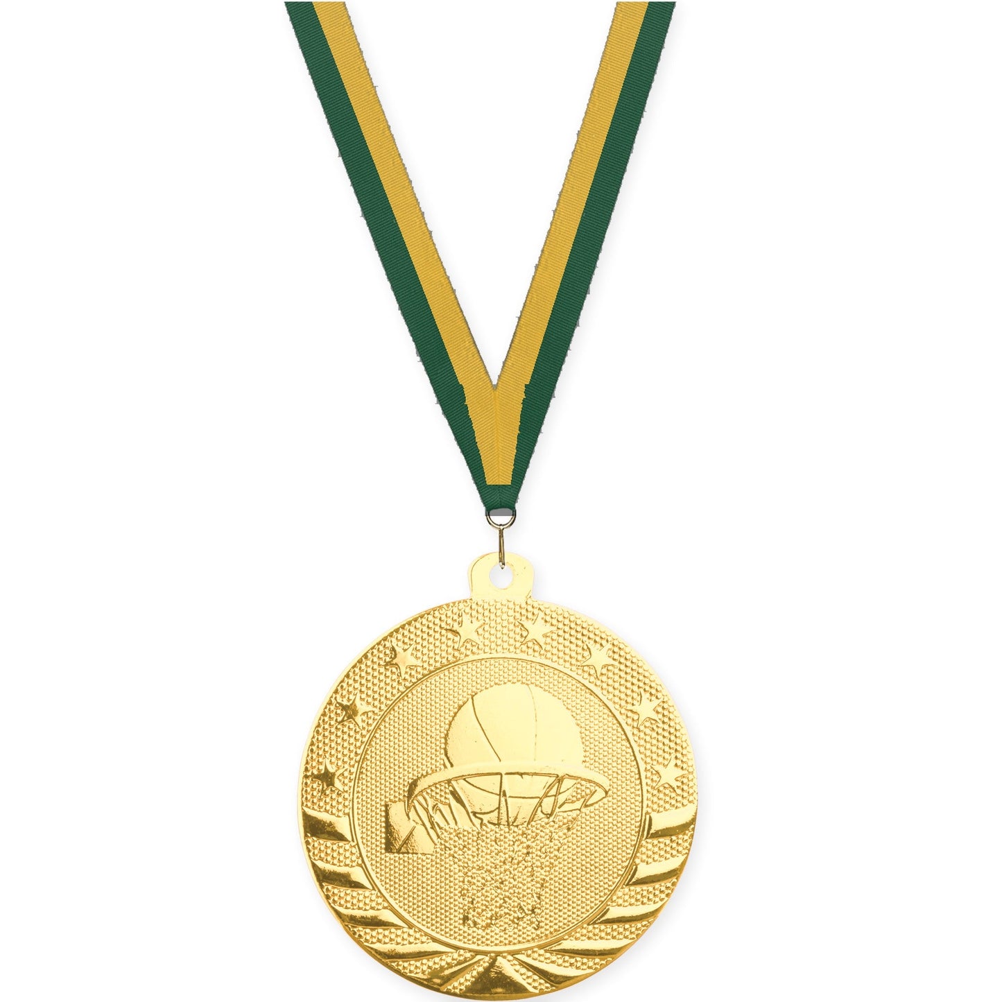 2 inch basketball Starbrite medal in bright gold with Hunter Green Gold neck ribbon