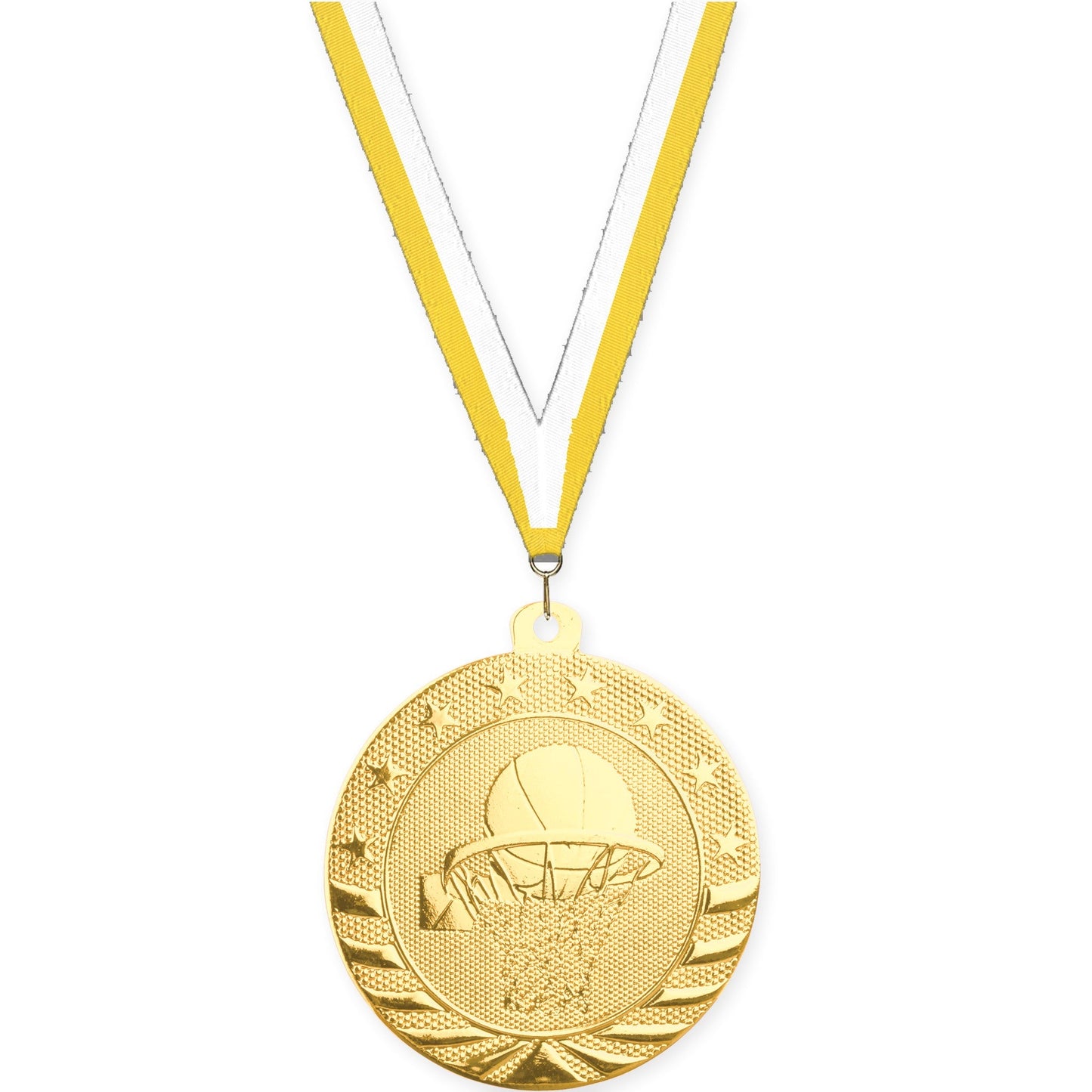 2 inch basketball Starbrite medal in bright gold with Yellow White neck ribbon