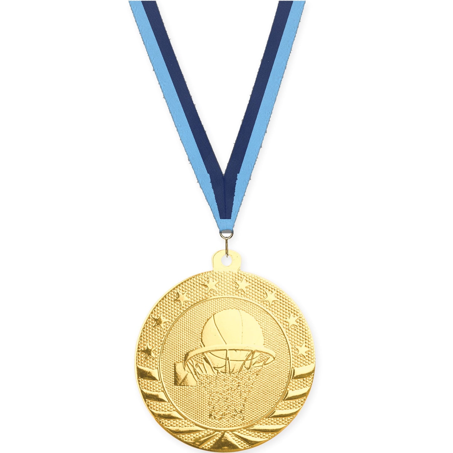 2 inch basketball Starbrite medal in bright gold with Light Blue Navy neck ribbon