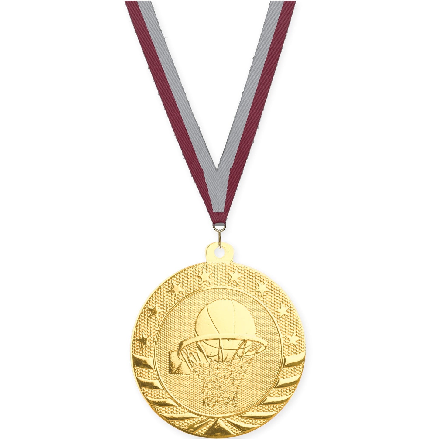 2 inch basketball Starbrite medal in bright gold with Maroon Gray neck ribbon