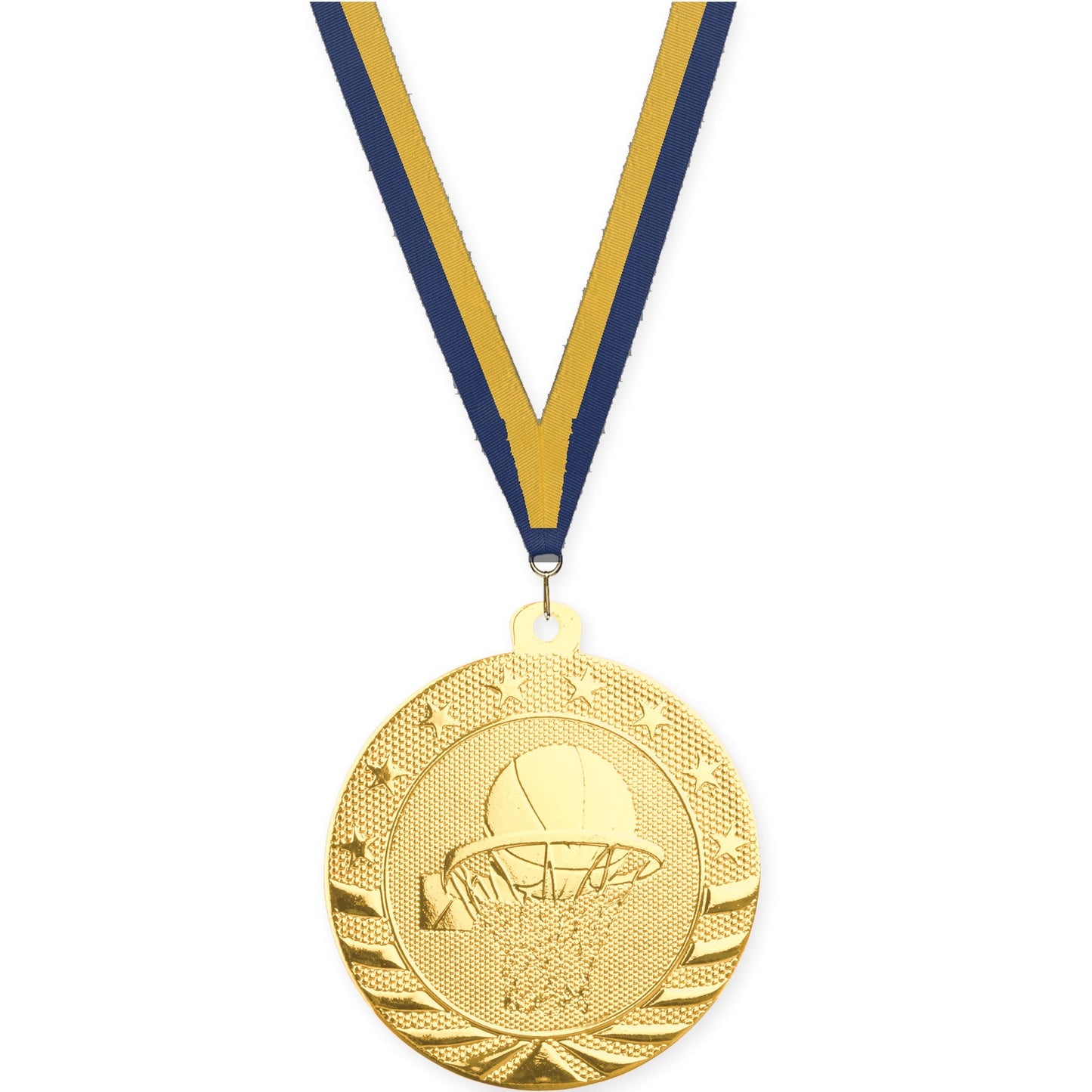 2 inch basketball Starbrite medal in bright gold with Navy Gold neck ribbon