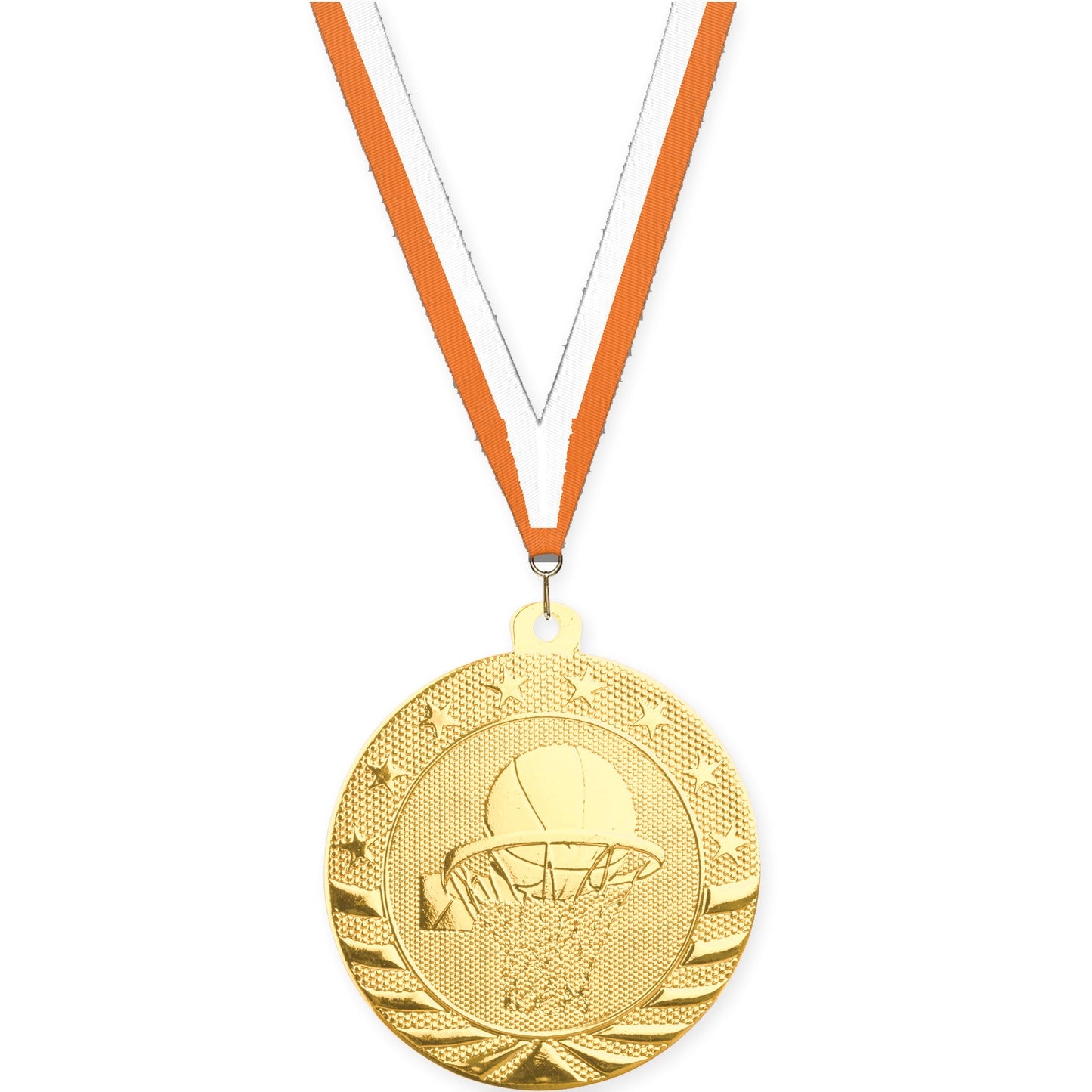 2 inch basketball Starbrite medal in bright gold with Orange White neck ribbon