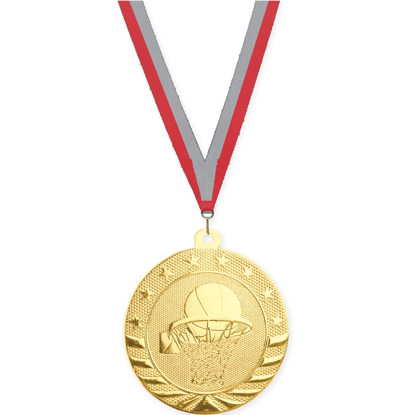 2 inch basketball Starbrite medal in bright gold with Red Gray neck ribbon