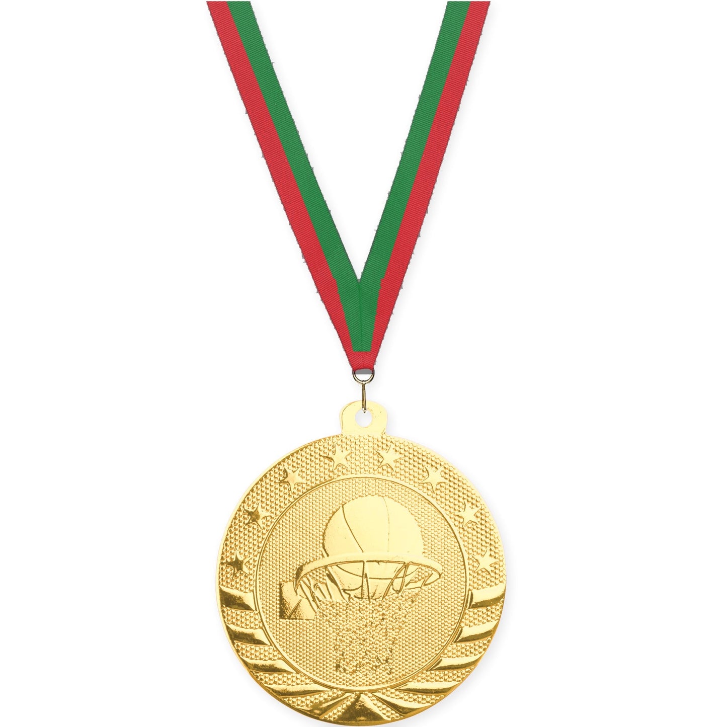 2 inch basketball Starbrite medal in bright gold with Red Green neck ribbon