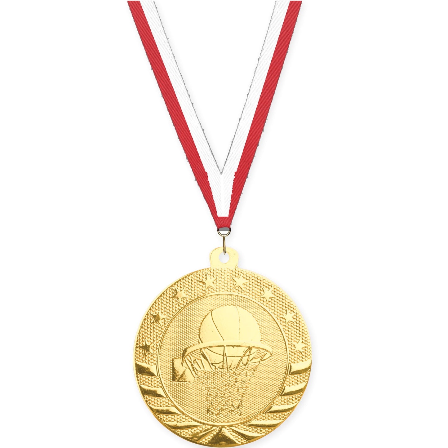 2 inch basketball Starbrite medal in bright gold with Red White neck ribbon