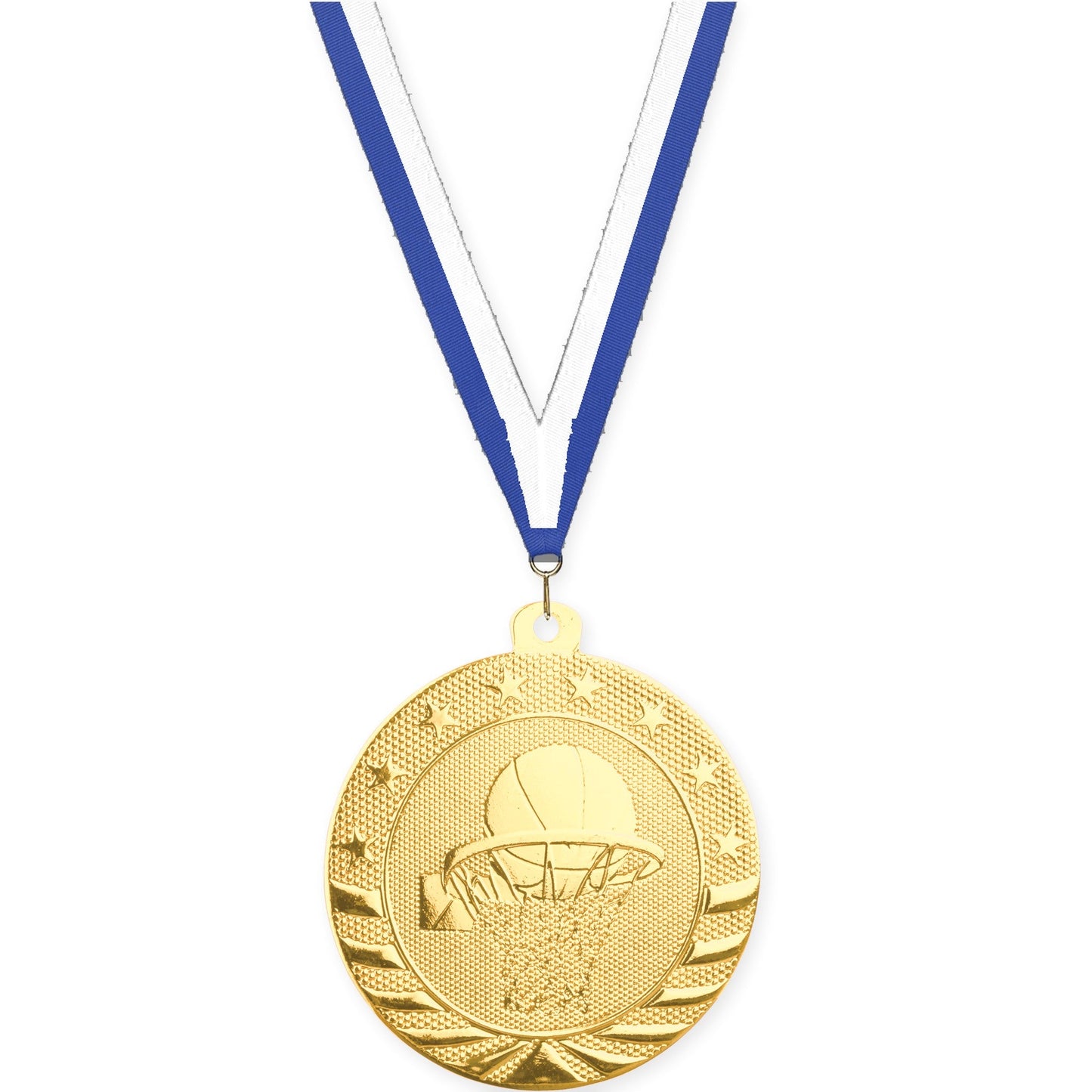 2 inch basketball Starbrite medal in bright gold with Blue White neck ribbon