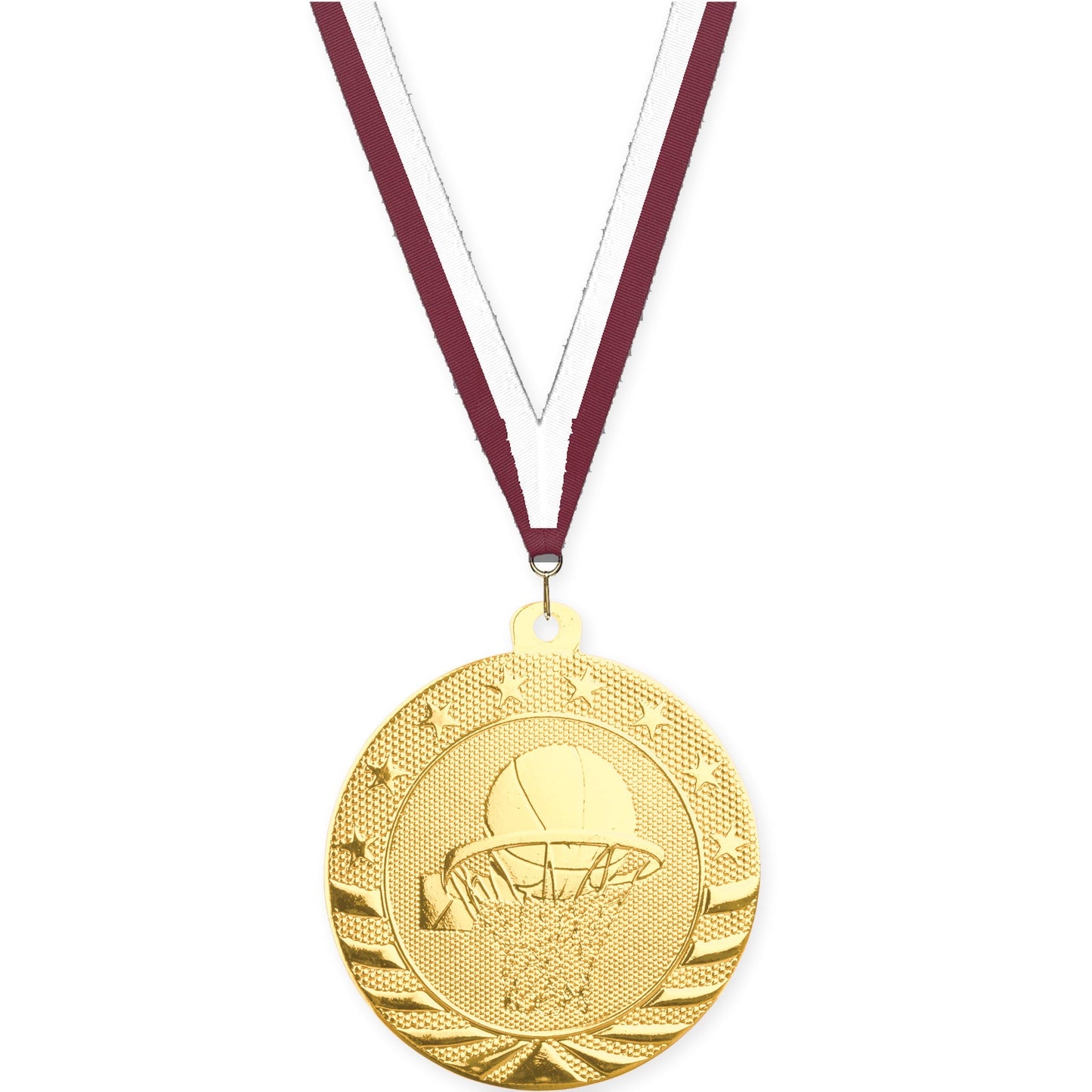 2 inch basketball Starbrite medal in bright gold with Maroon White neck ribbon