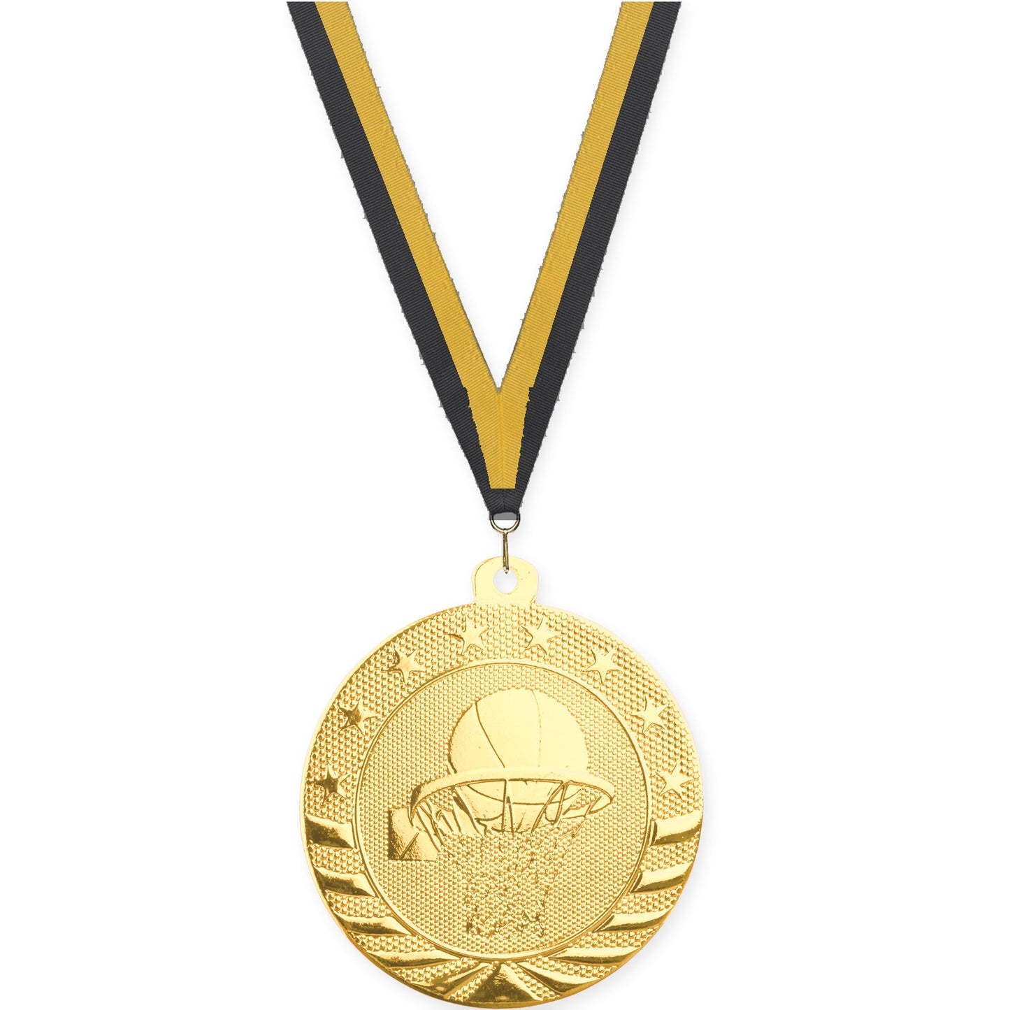 2 inch basketball Starbrite medal in bright gold with Black Gold neck ribbon