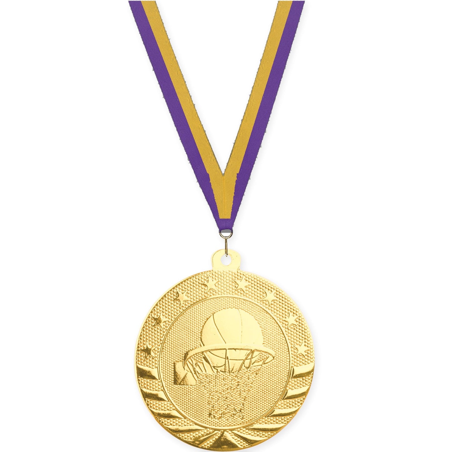 2 inch basketball Starbrite medal in bright gold with Purple Gold neck ribbon