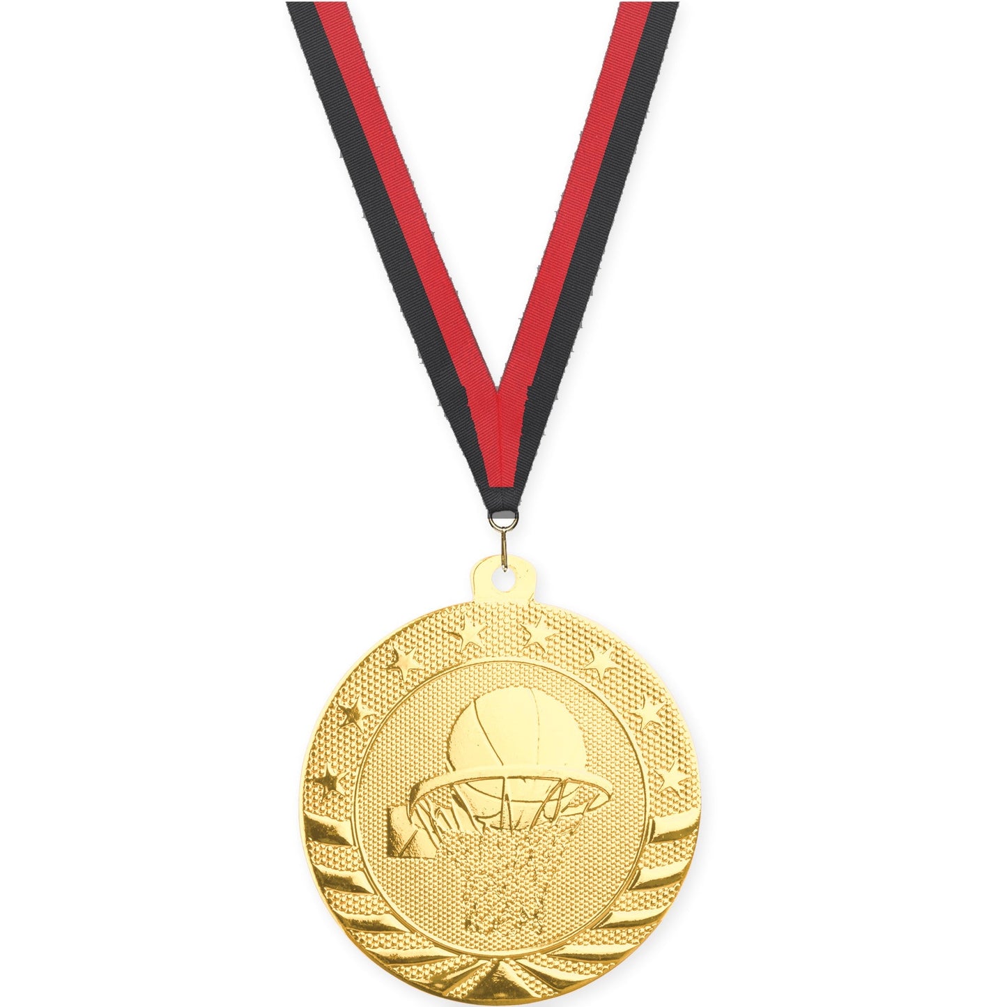 2 inch basketball Starbrite medal in bright gold with Black Red neck ribbon