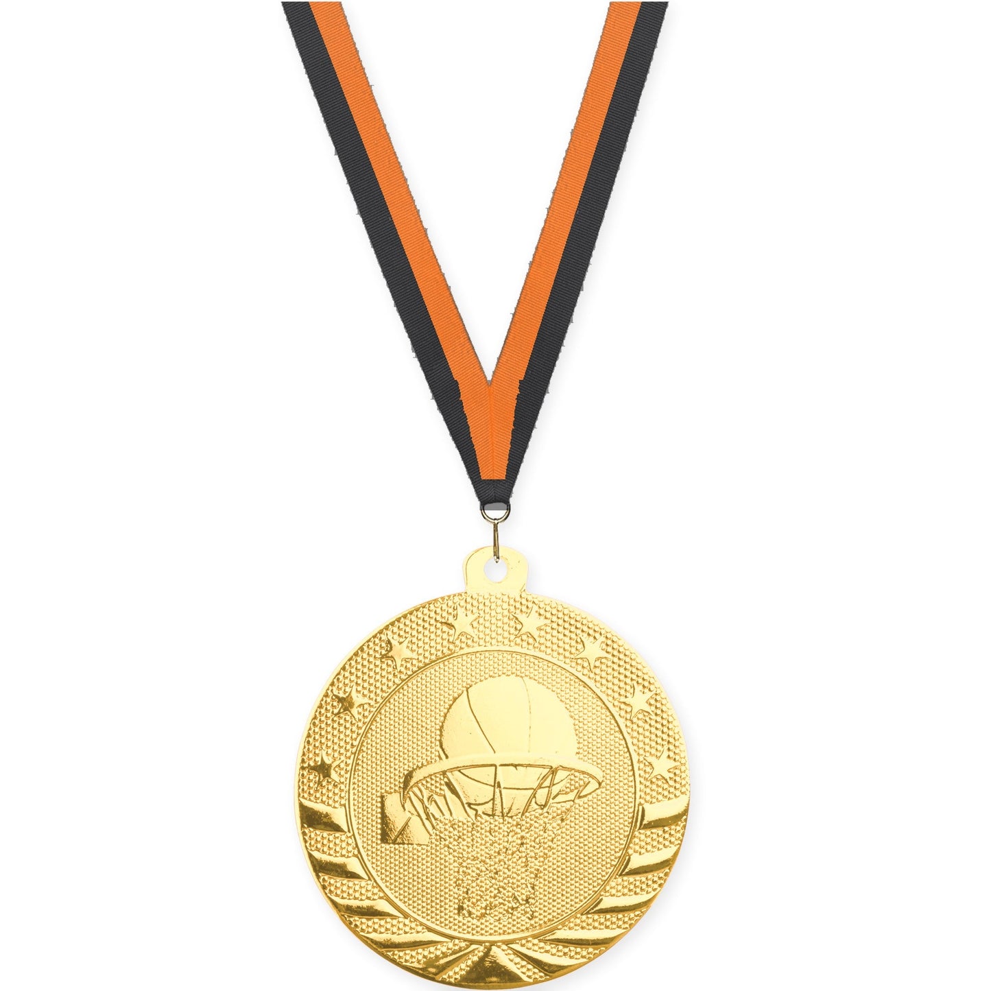 2 inch basketball Starbrite medal in bright gold with Black Orange neck ribbon