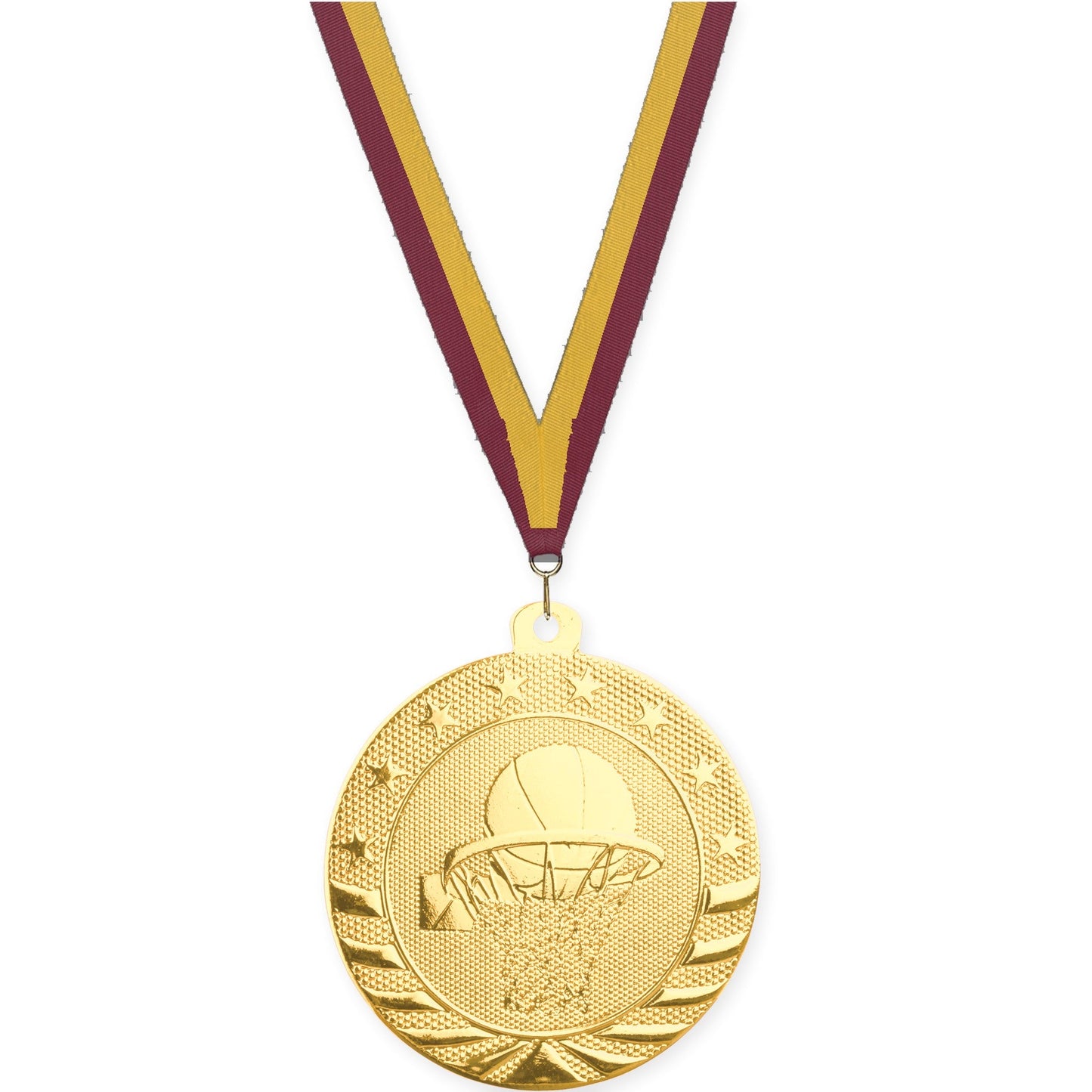 2 inch basketball Starbrite medal in bright gold with Maroon Gold neck ribbon