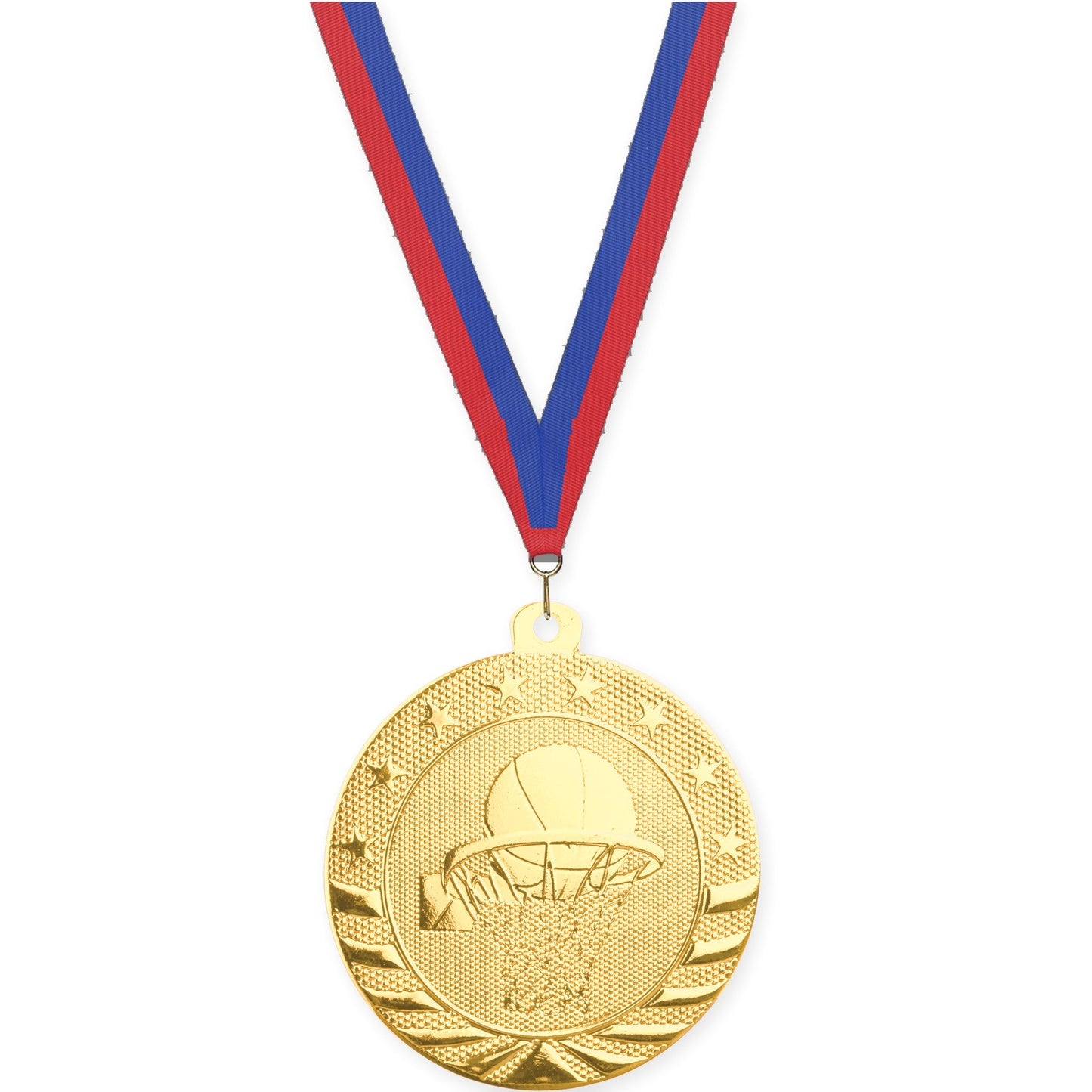 2 inch basketball Starbrite medal in bright gold with Blue Red neck ribbon
