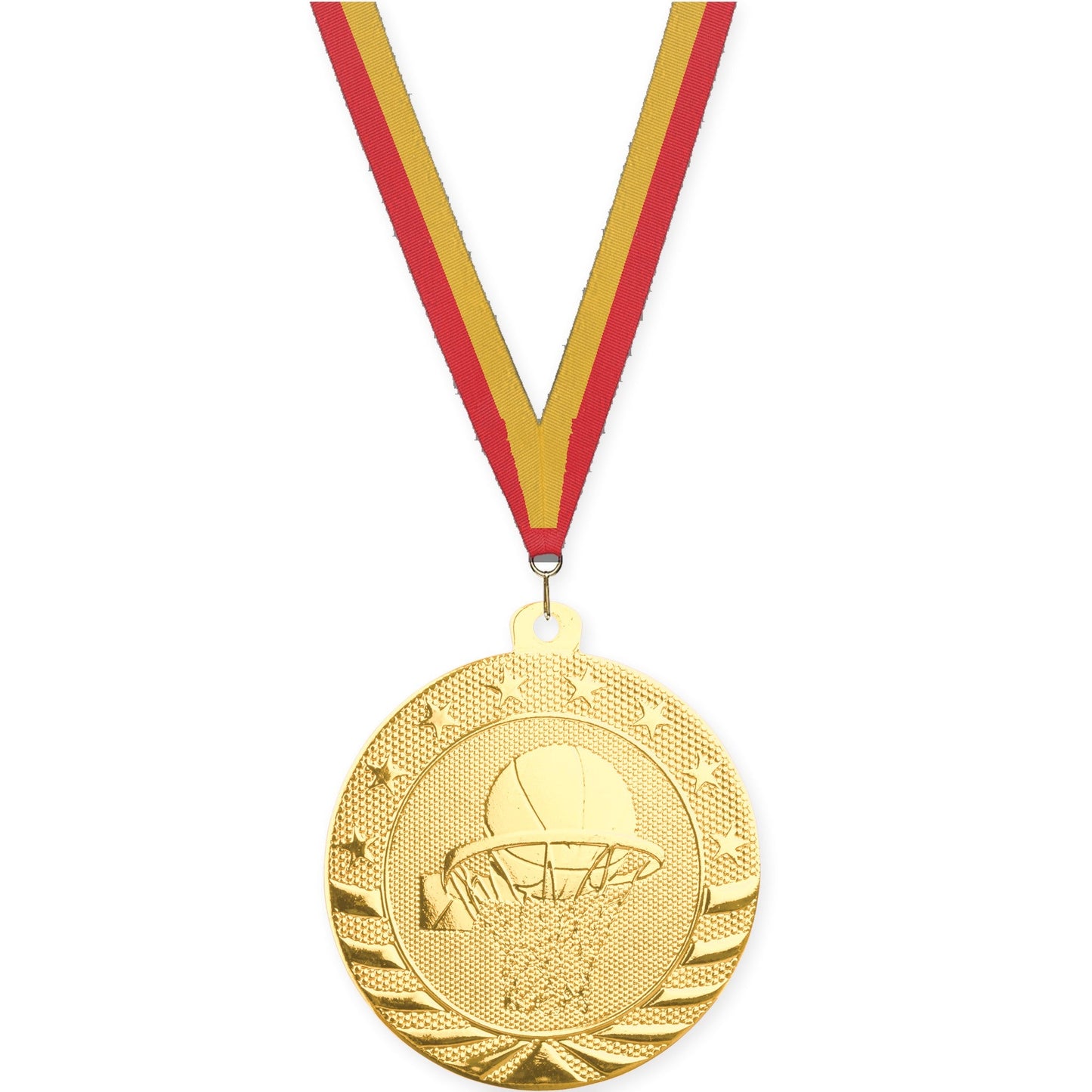2 inch basketball Starbrite medal in bright gold with Red Gold neck ribbon