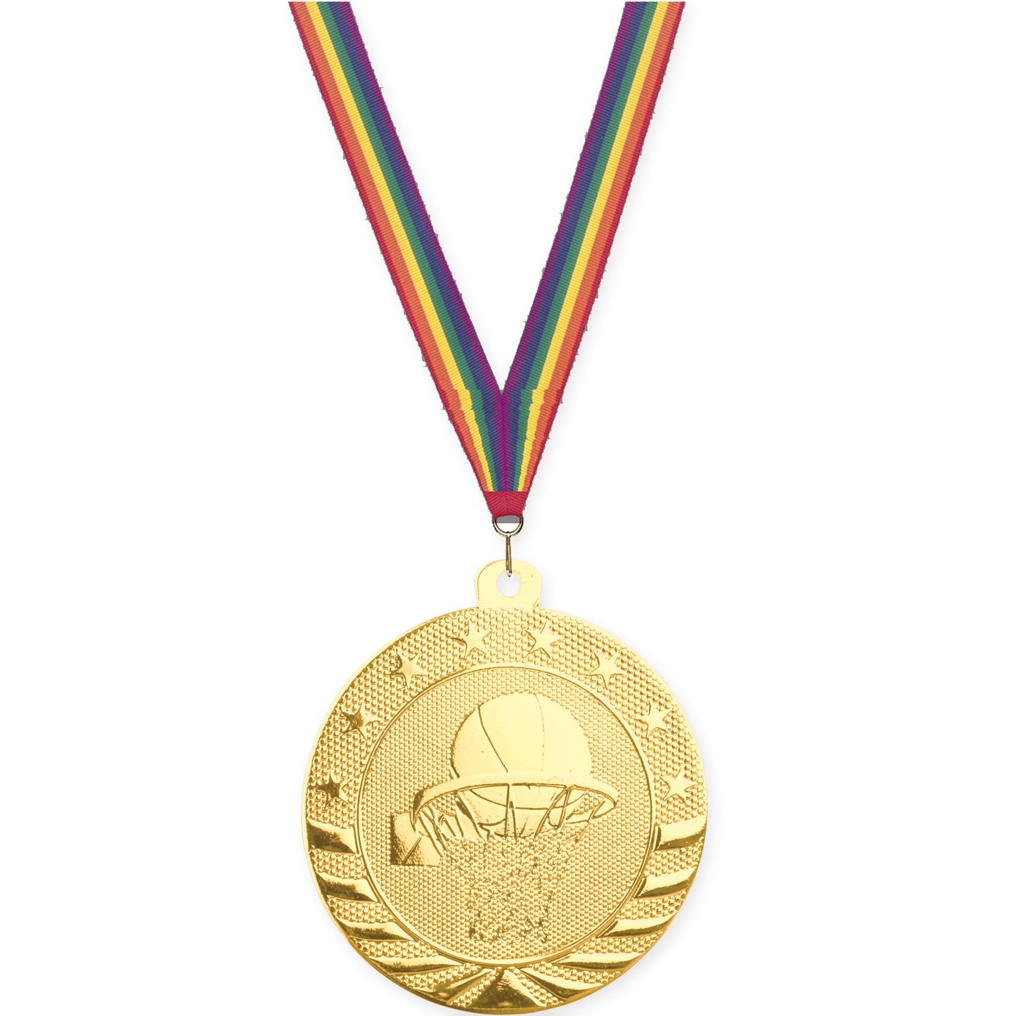 2 inch basketball Starbrite medal in bright gold with Rainbow neck ribbon