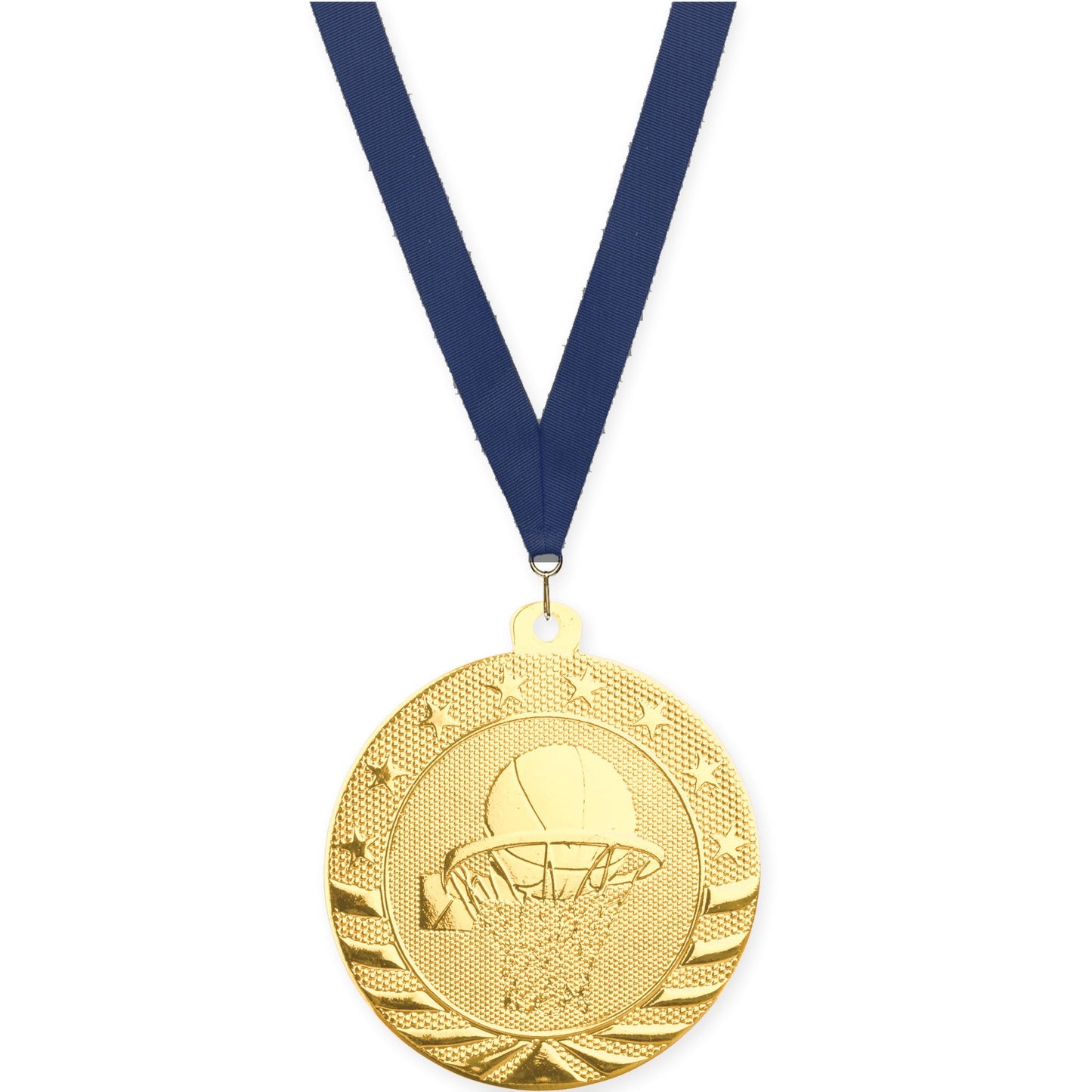 2 inch basketball Starbrite medal in bright gold with Navy neck ribbon