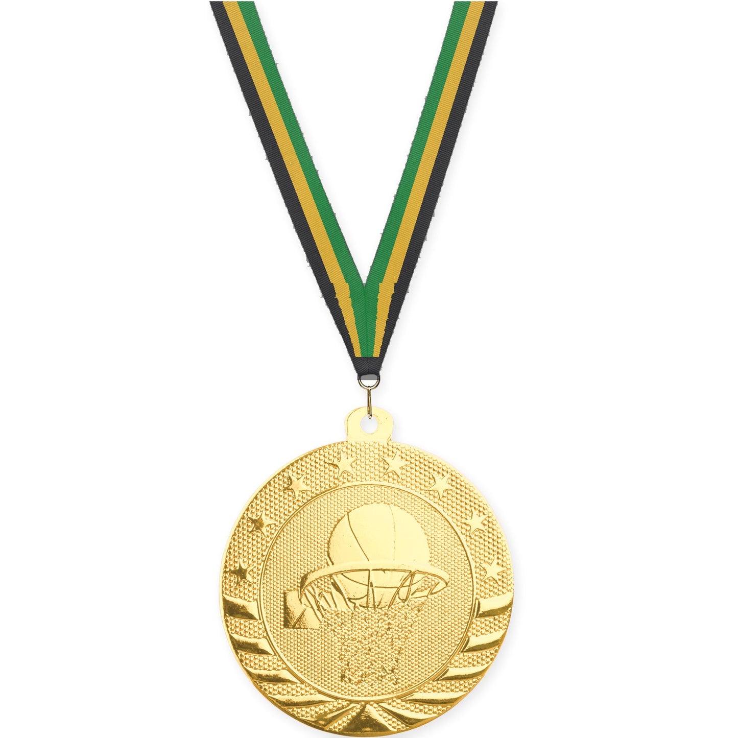 2 inch basketball Starbrite medal in bright gold with Black Gold Green neck ribbon