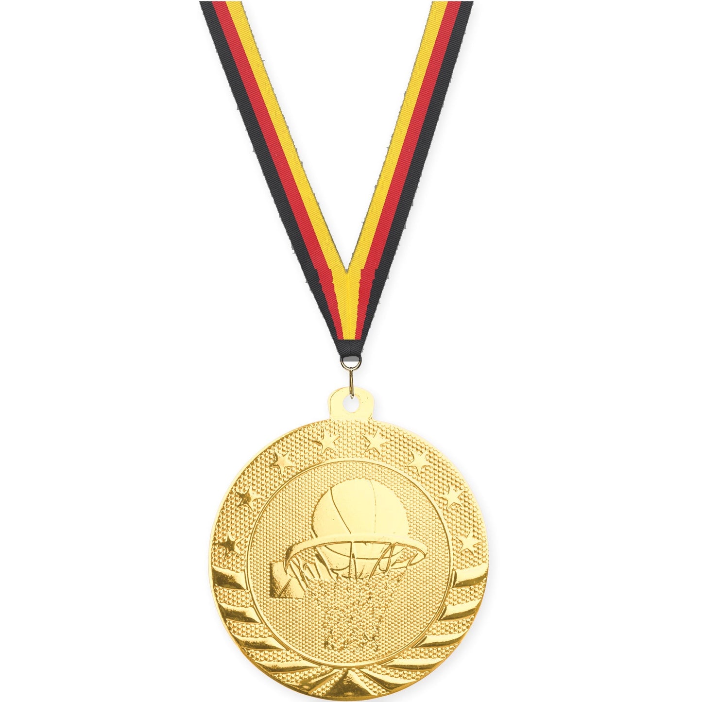 2 inch basketball Starbrite medal in bright gold with Black Red Yellow neck ribbon
