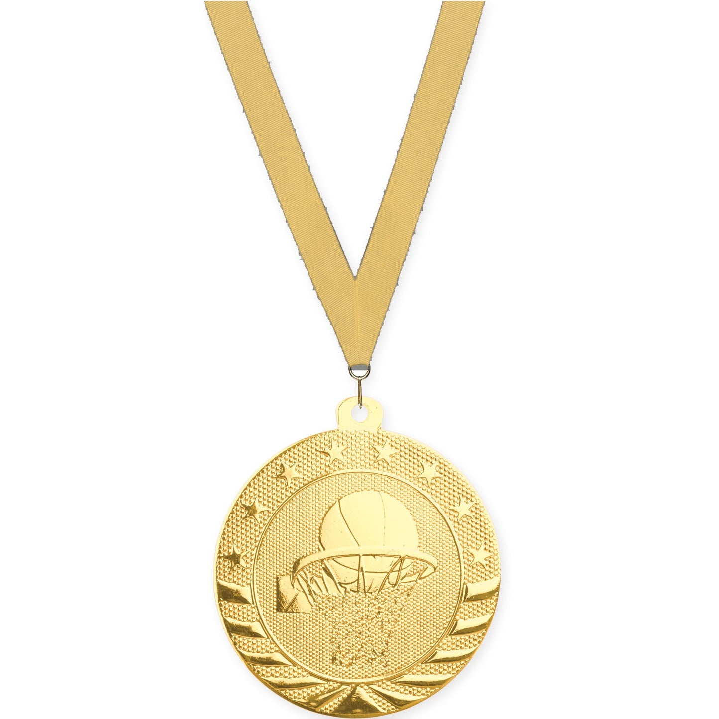 2 inch basketball Starbrite medal in bright gold with Gold Metallic neck ribbon