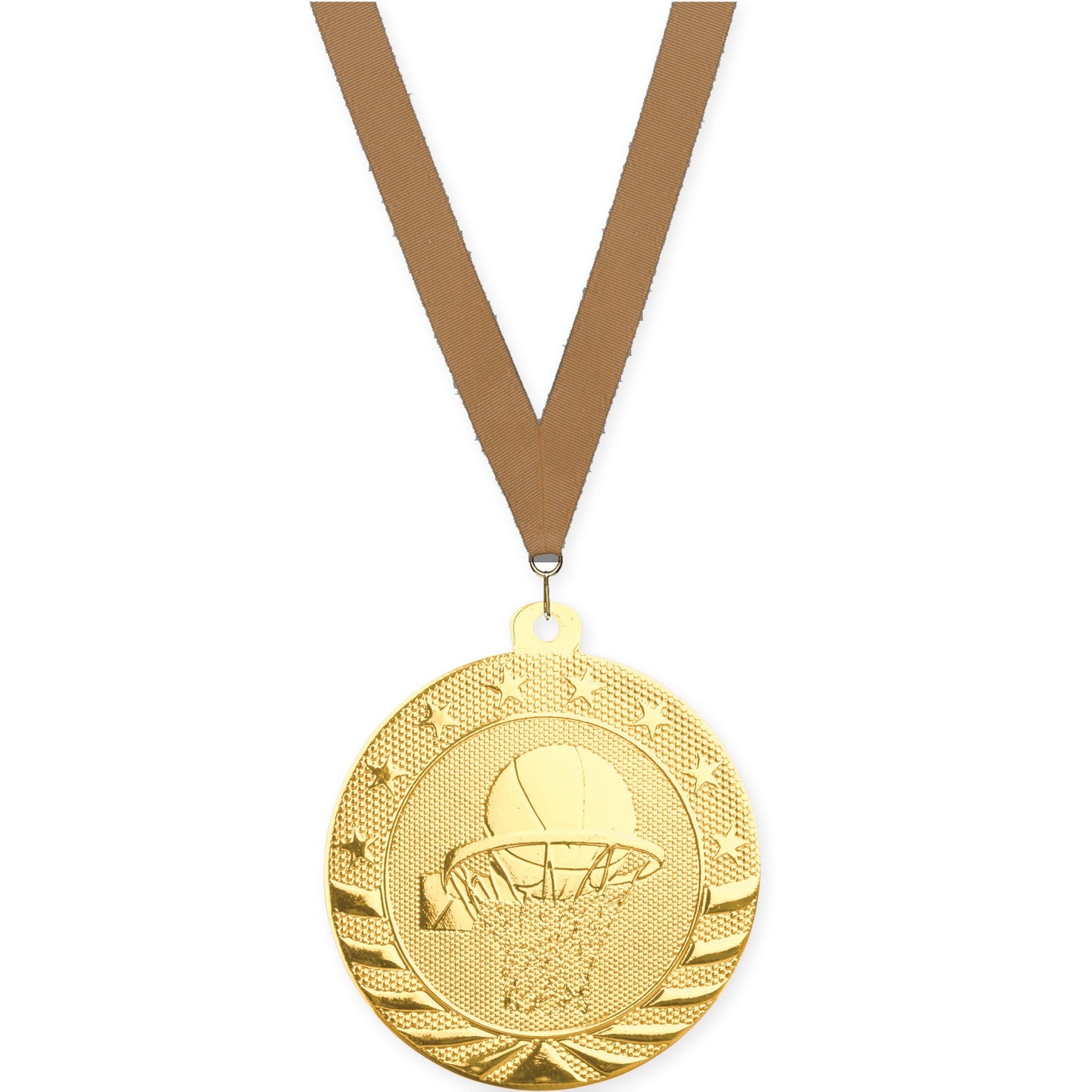 2 inch basketball Starbrite medal in bright gold with Bronze Metallic neck ribbon