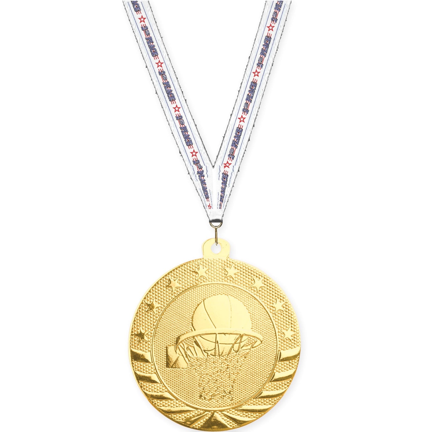 2 inch basketball Starbrite medal in bright gold with 2nd Place neck ribbon