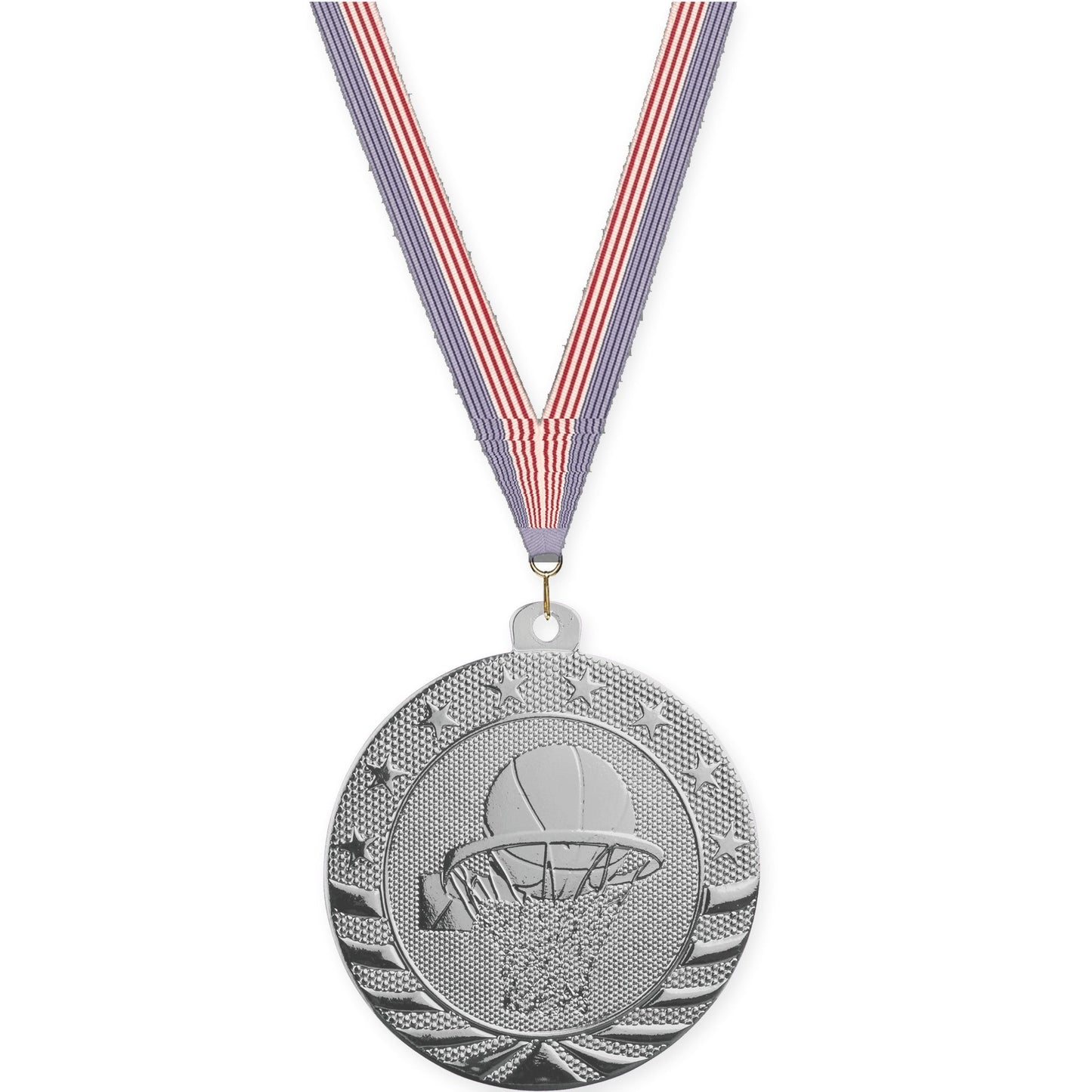 2 inch basketball Starbrite medal in bright silver with USA Flag neck ribbon