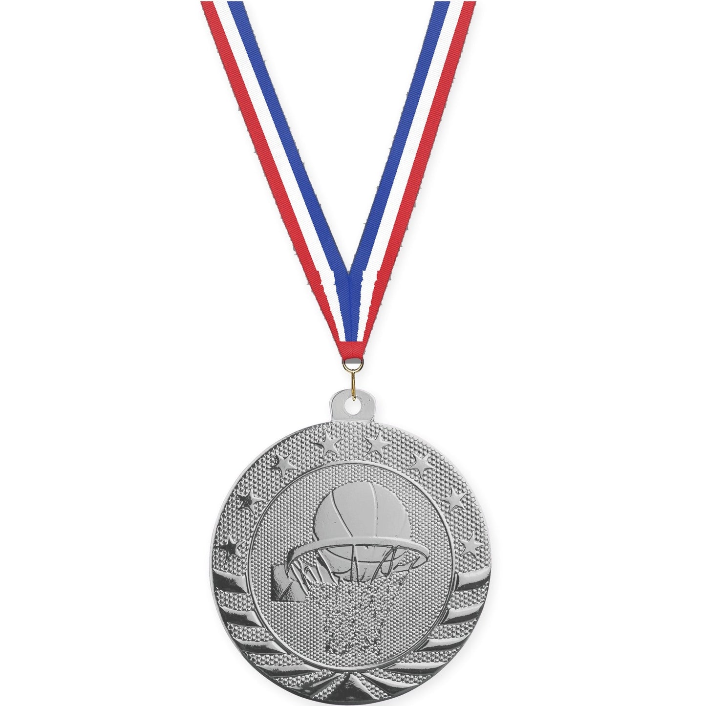 2 inch basketball Starbrite medal in bright silver with Red White Blue neck ribbon
