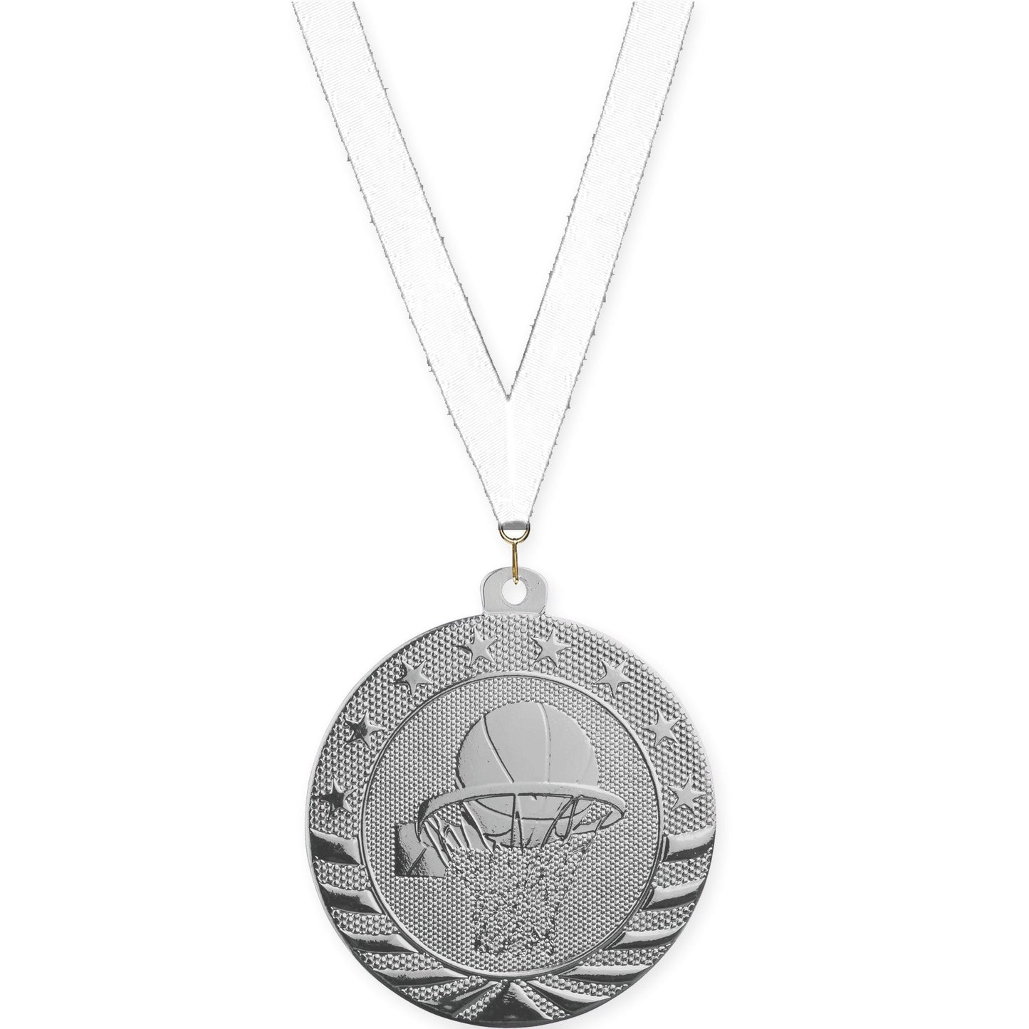 2 inch basketball Starbrite medal in bright silver with White neck ribbon