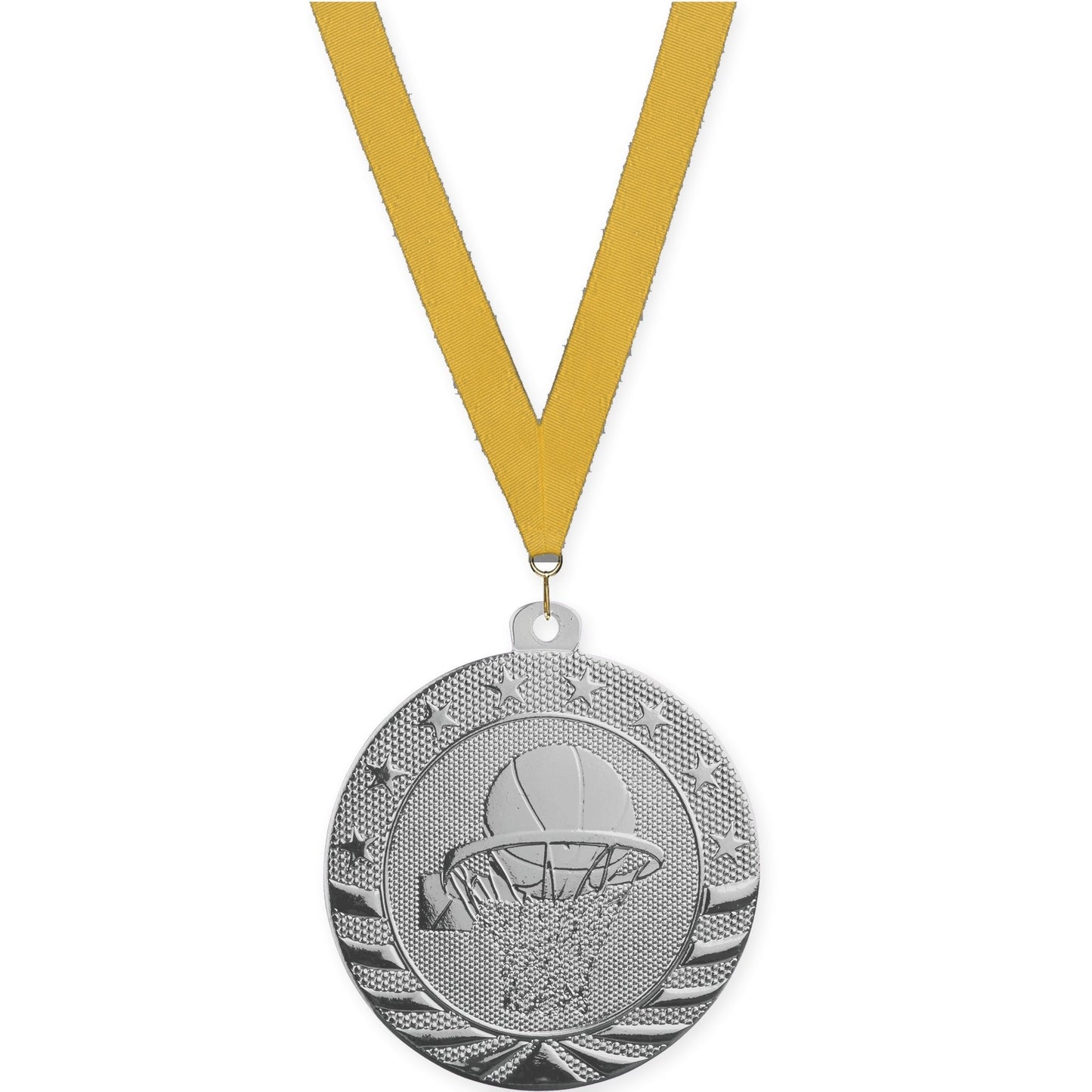 2 inch basketball Starbrite medal in bright silver with Gold neck ribbon