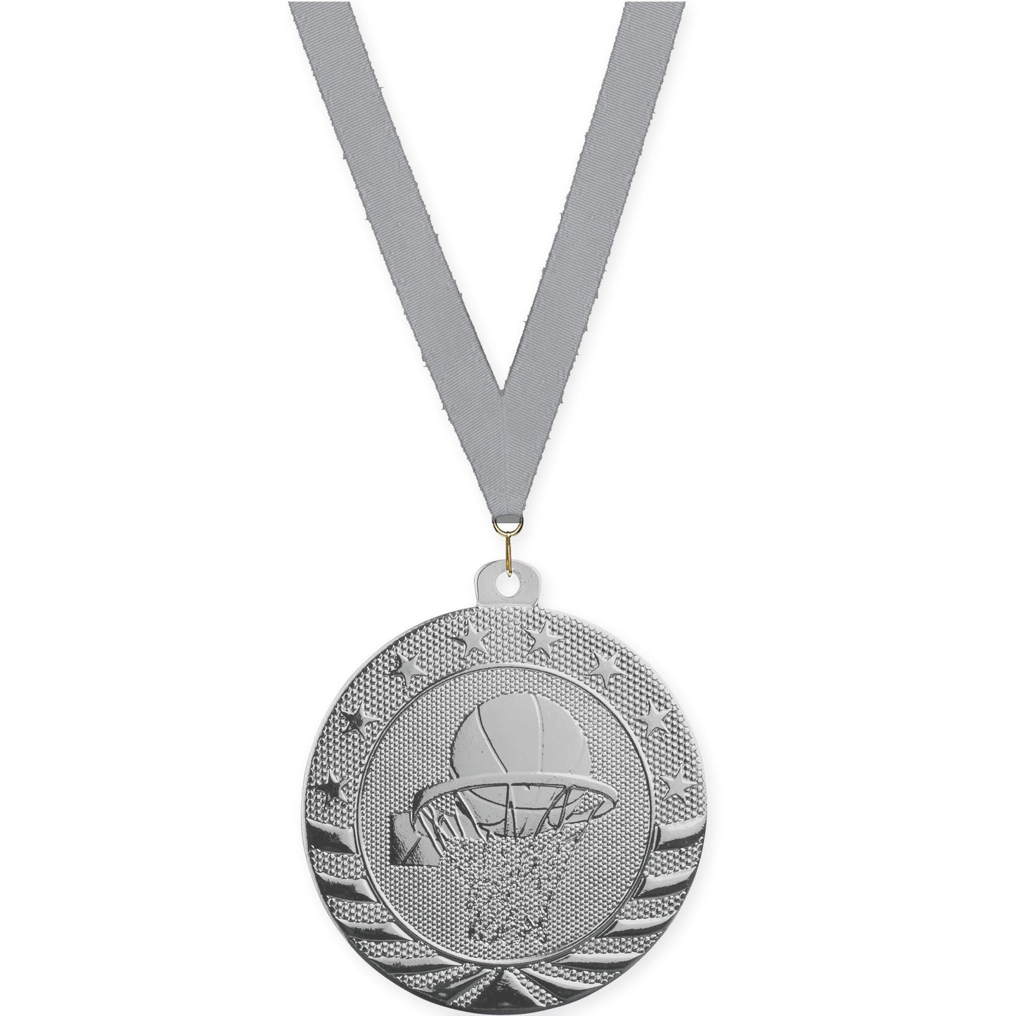 2 inch basketball Starbrite medal in bright silver with Gray neck ribbon