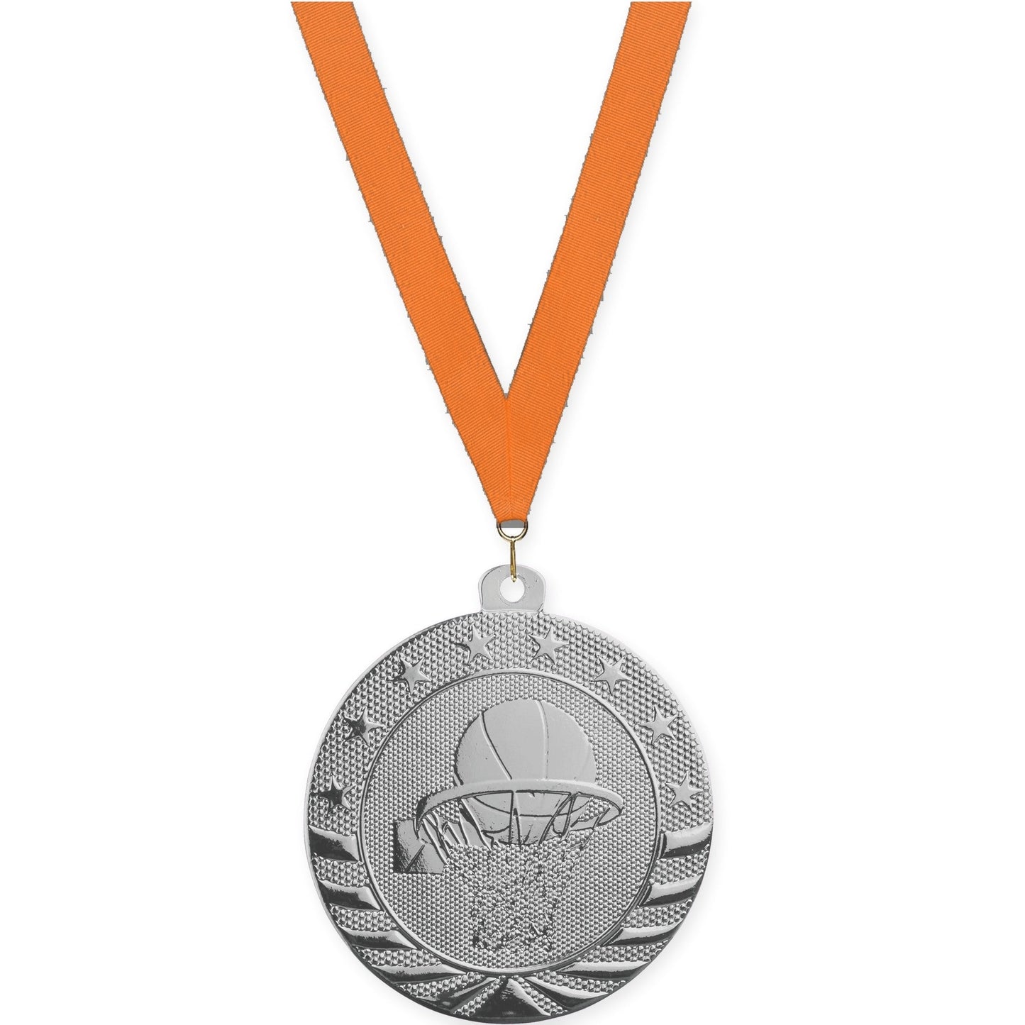 2 inch basketball Starbrite medal in bright silver with Orange neck ribbon