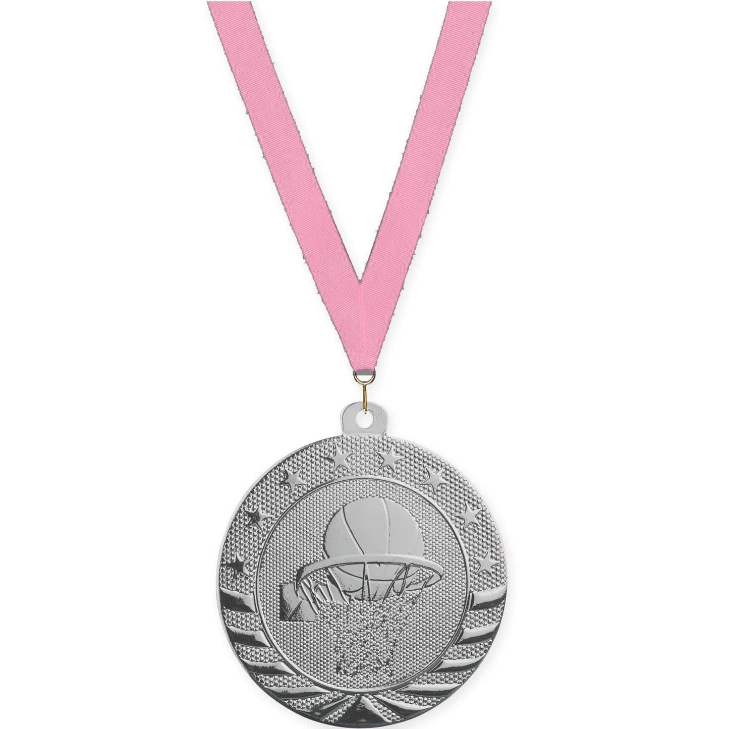 2 inch basketball Starbrite medal in bright silver with Pink neck ribbon