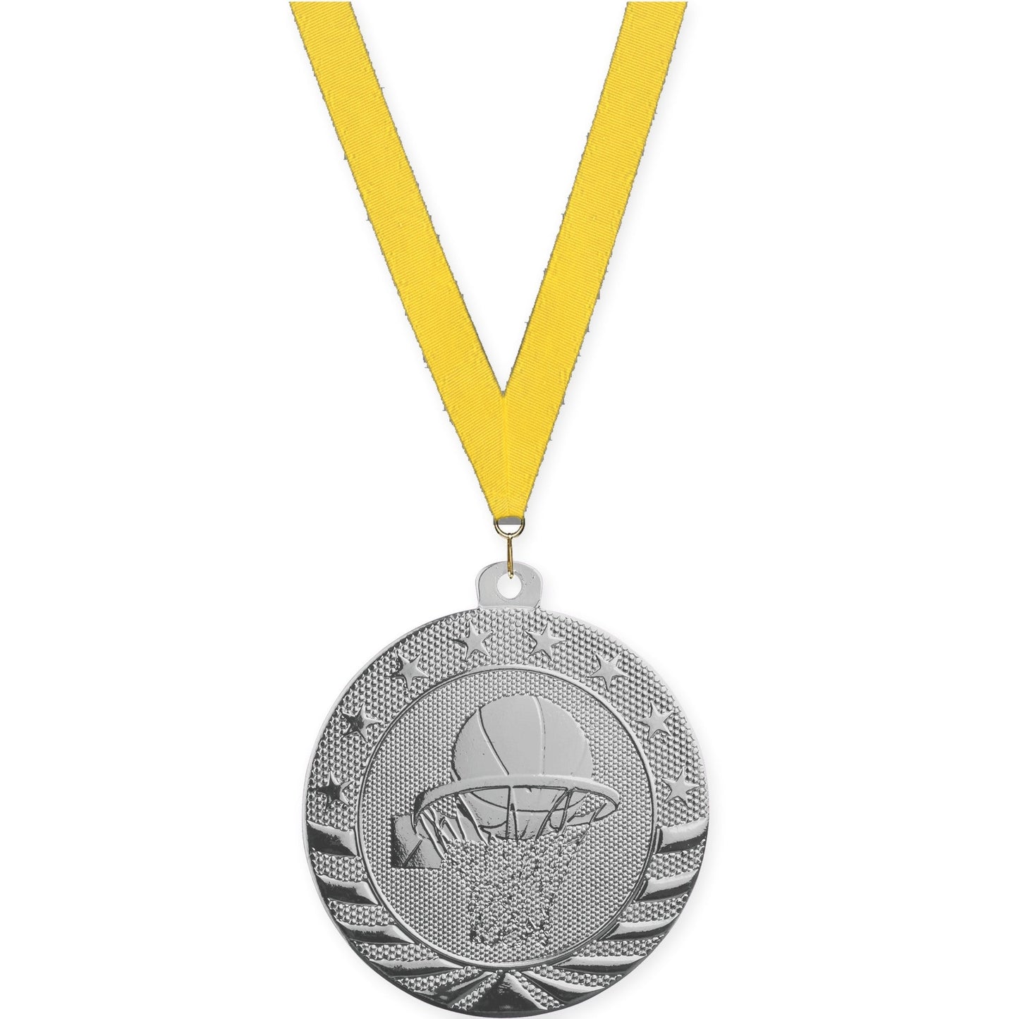 2 inch basketball Starbrite medal in bright silver with Yellow neck ribbon