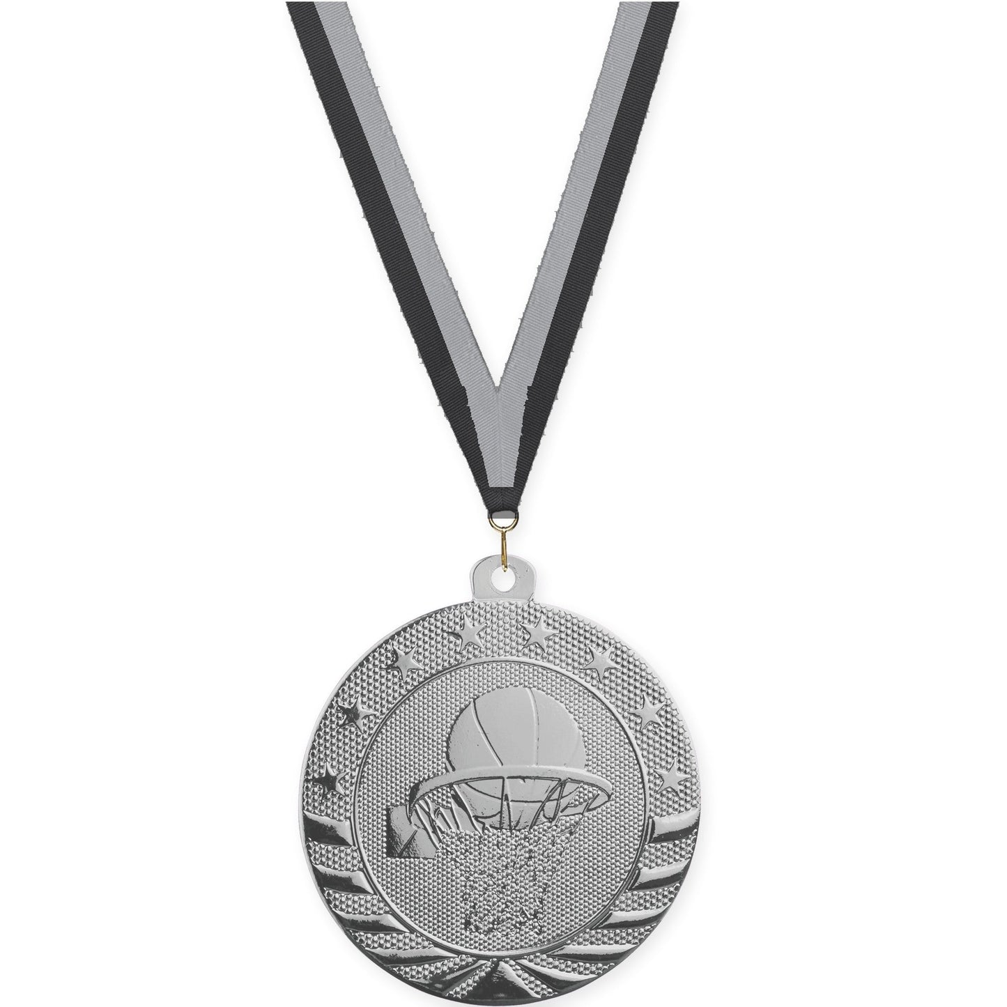 2 inch basketball Starbrite medal in bright silver with Black Gray neck ribbon