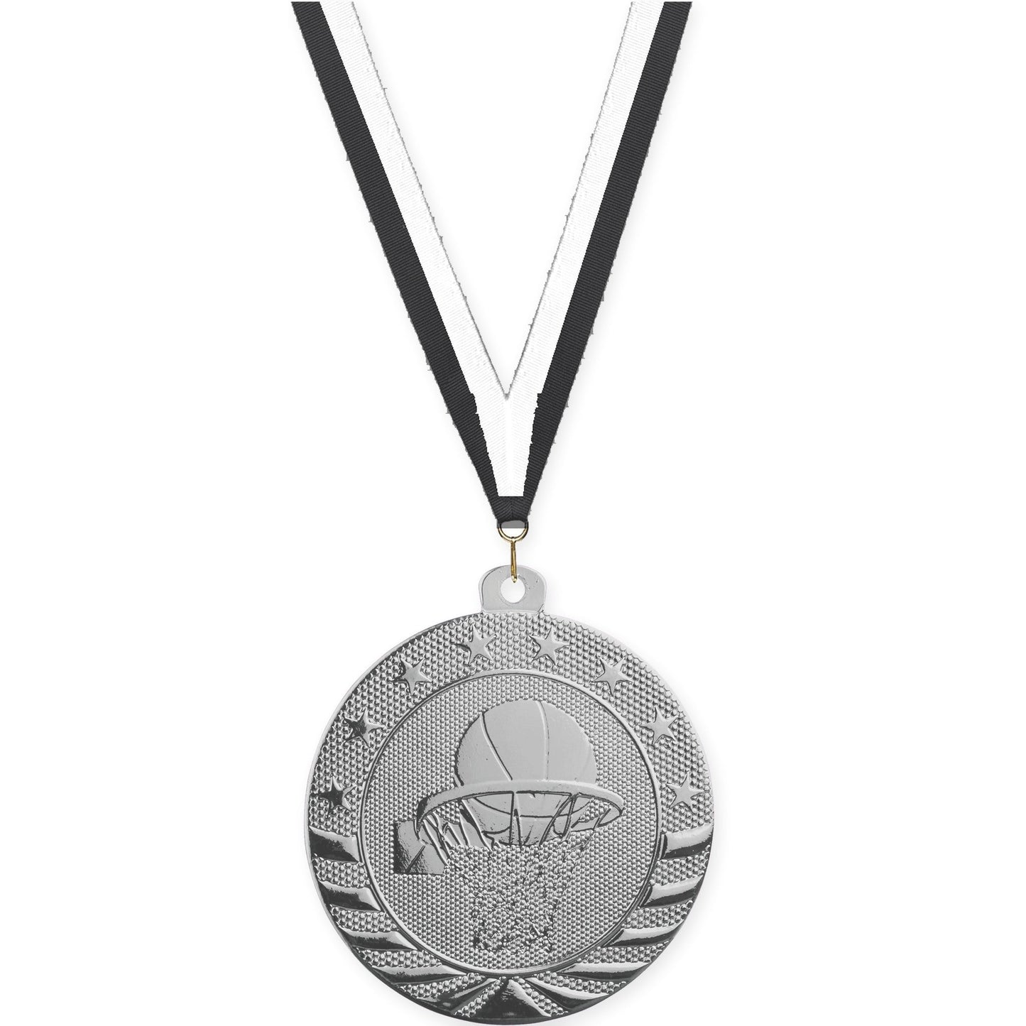 2 inch basketball Starbrite medal in bright silver with Black White neck ribbon
