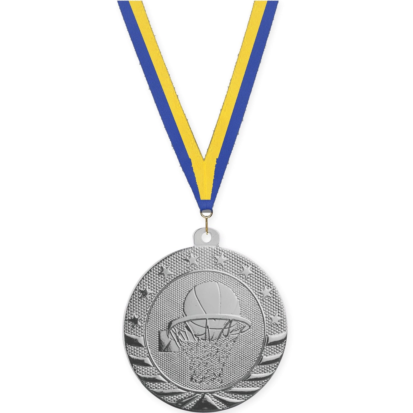 2 inch basketball Starbrite medal in bright silver with Blue Yellow neck ribbon
