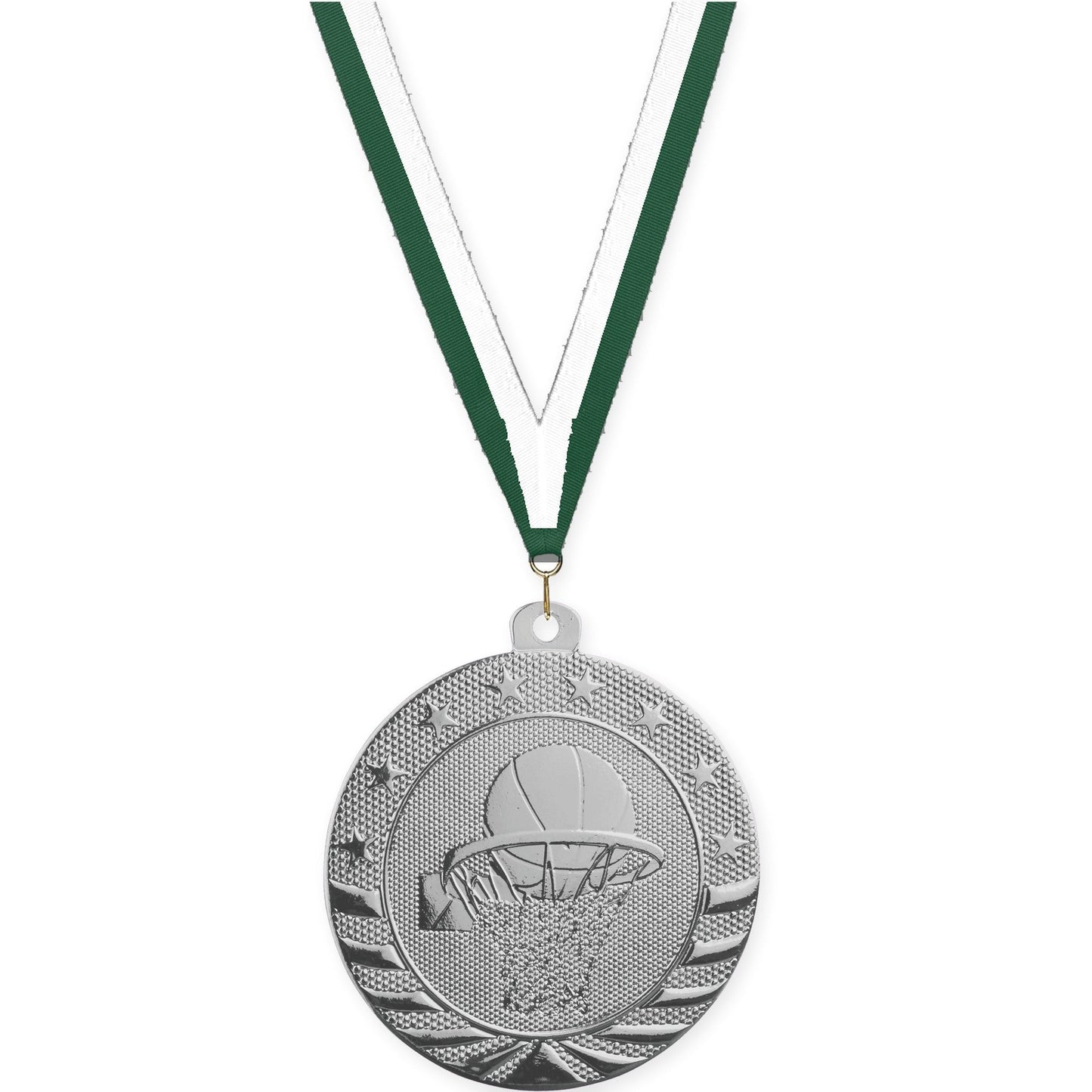 2 inch basketball Starbrite medal in bright silver with Hunter Green White neck ribbon