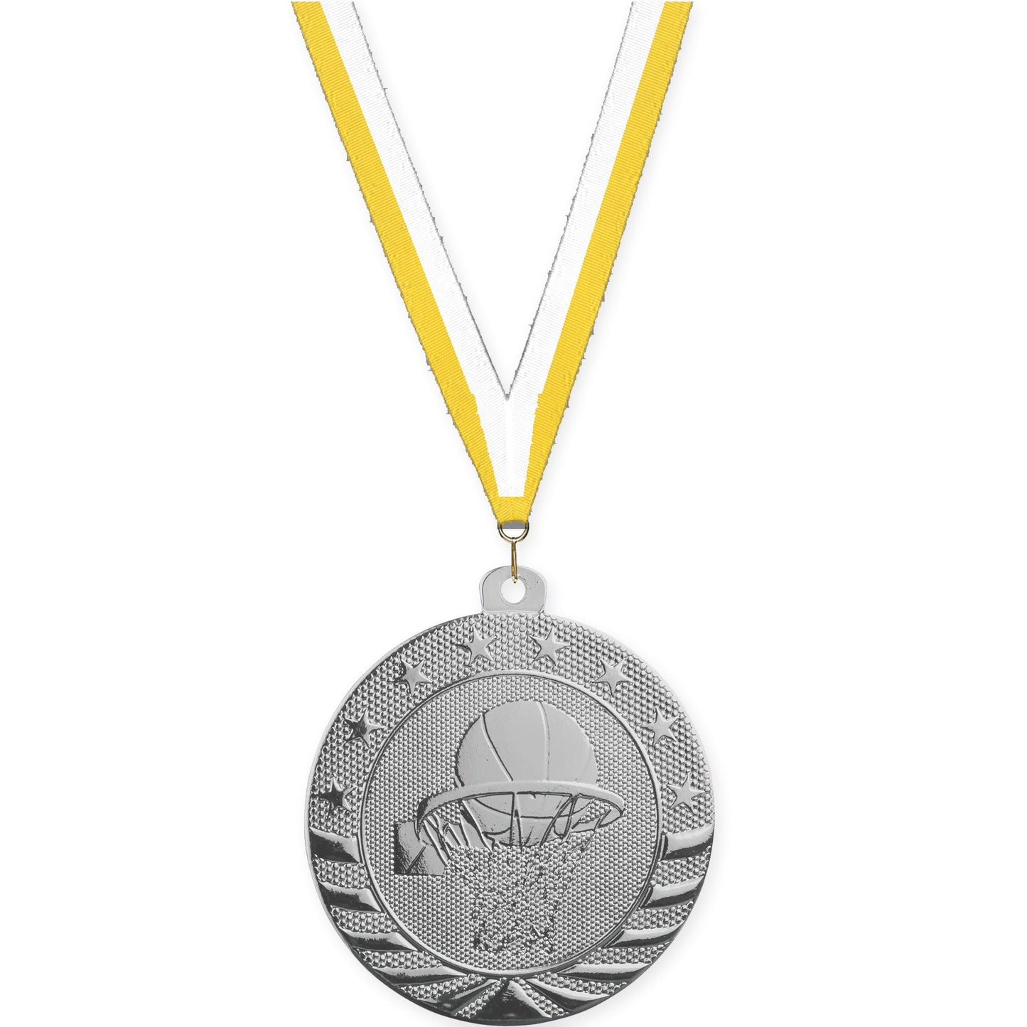 2 inch basketball Starbrite medal in bright silver with Yellow White neck ribbon