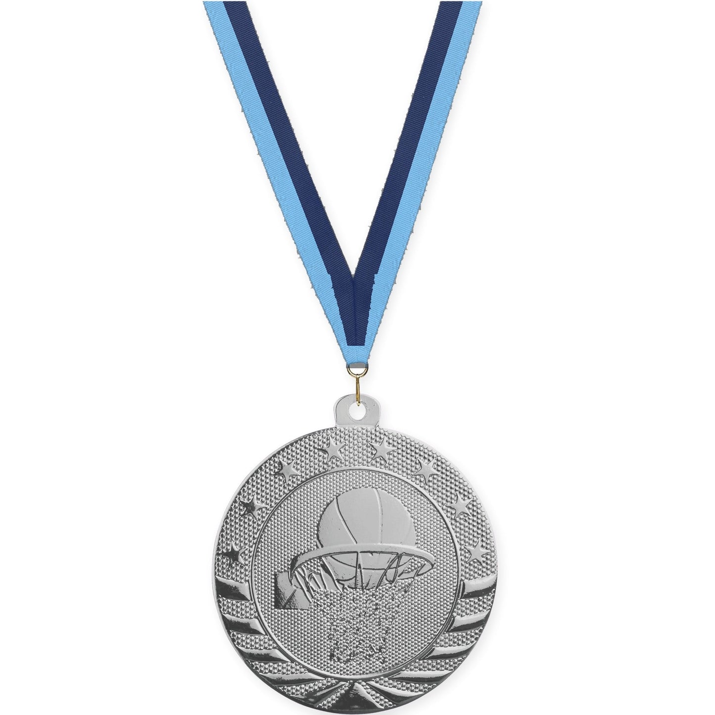 2 inch basketball Starbrite medal in bright silver with Light Blue Navy neck ribbon