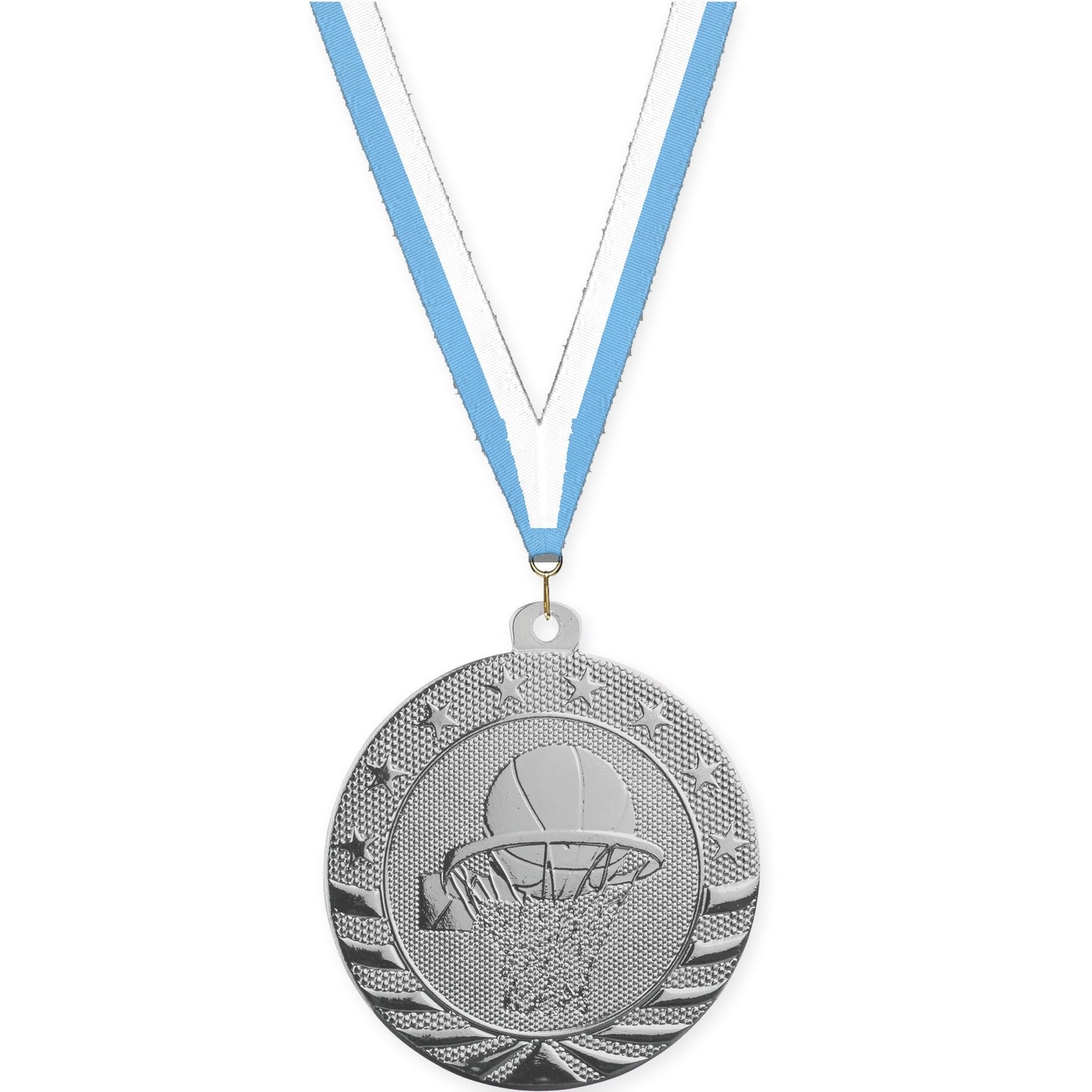 2 inch basketball Starbrite medal in bright silver with Light Blue White neck ribbon