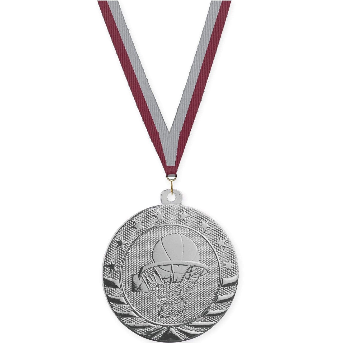 2 inch basketball Starbrite medal in bright silver with Maroon Gray neck ribbon