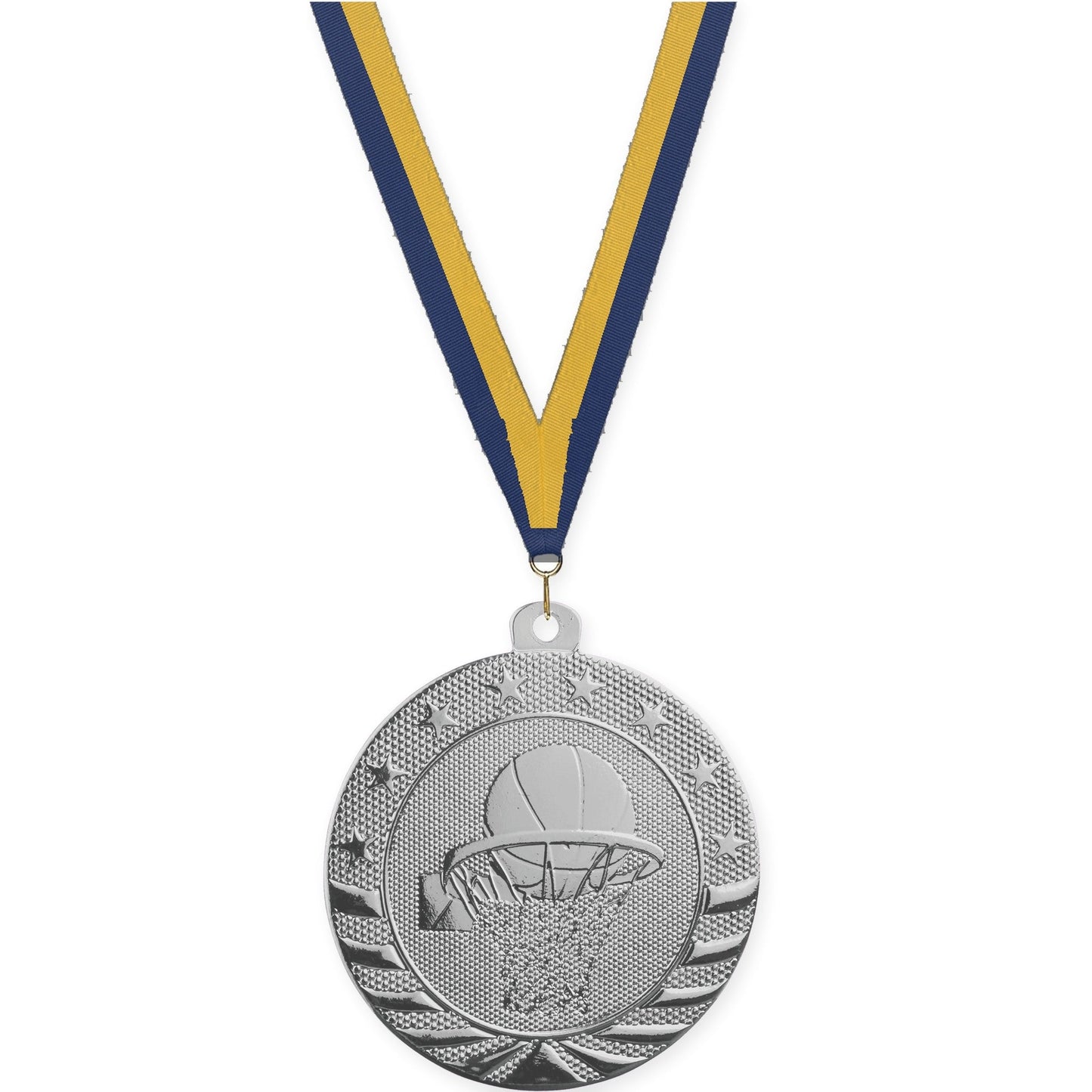 2 inch basketball Starbrite medal in bright silver with Navy Gold neck ribbon