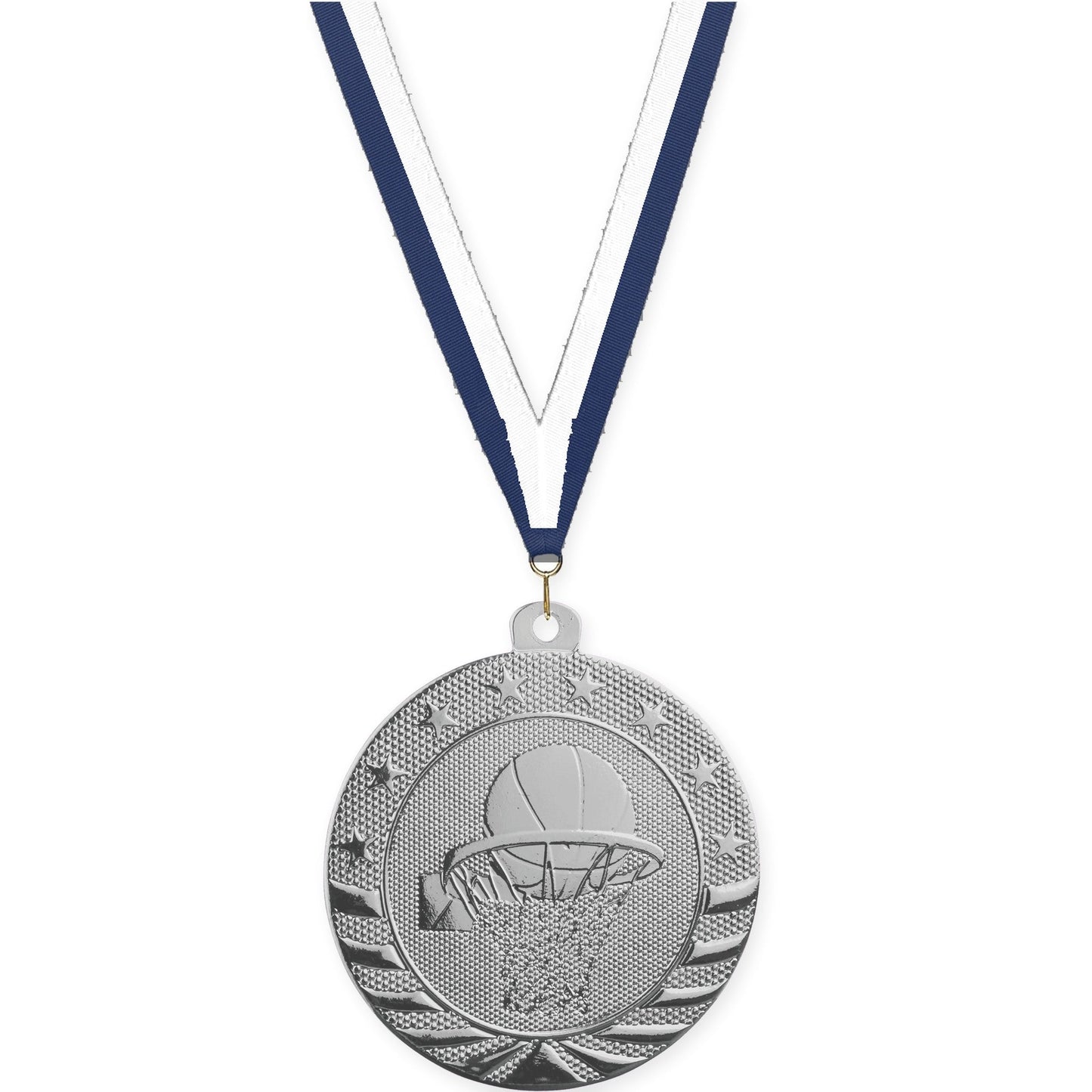 2 inch basketball Starbrite medal in bright silver with Navy White neck ribbon