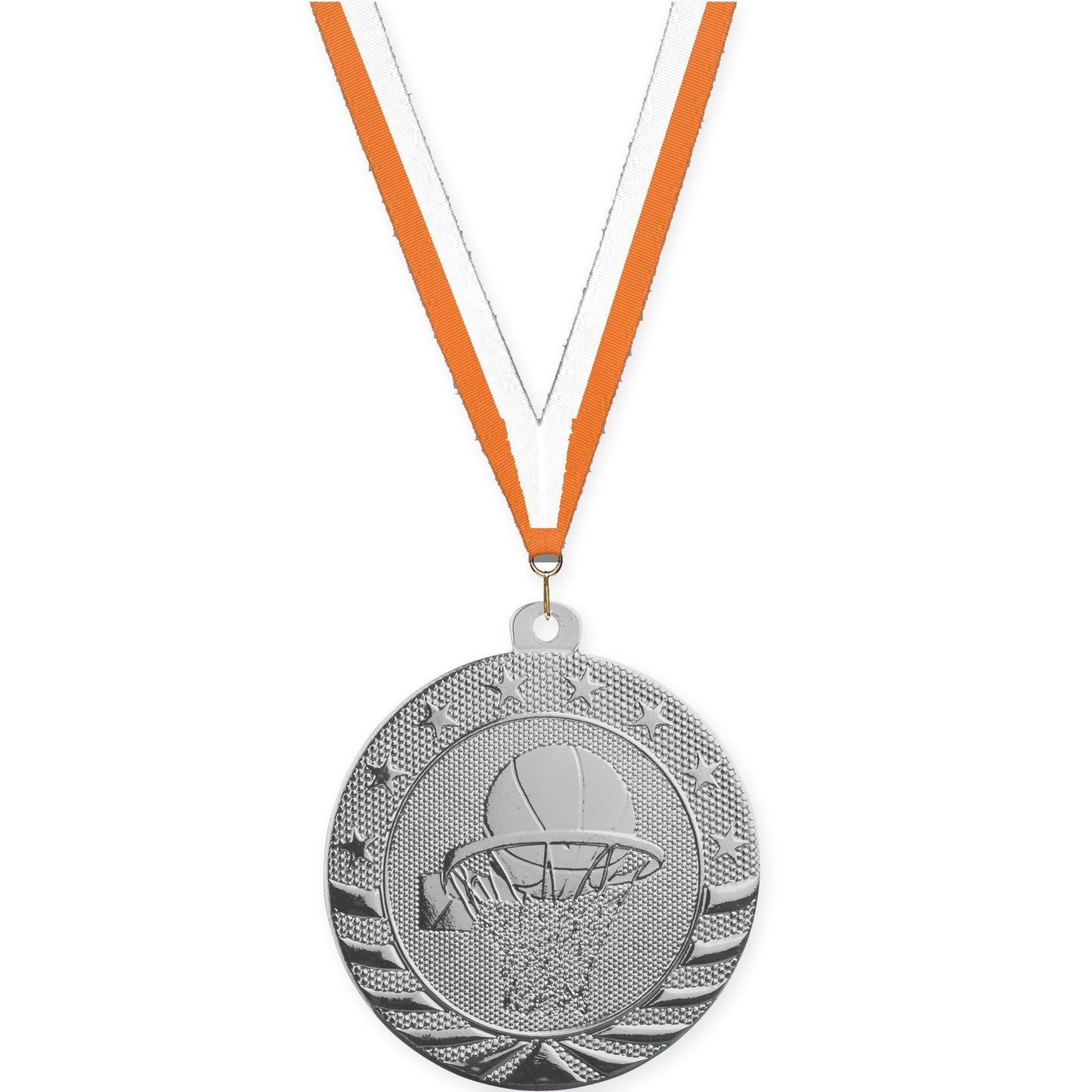 2 inch basketball Starbrite medal in bright silver with Orange White neck ribbon