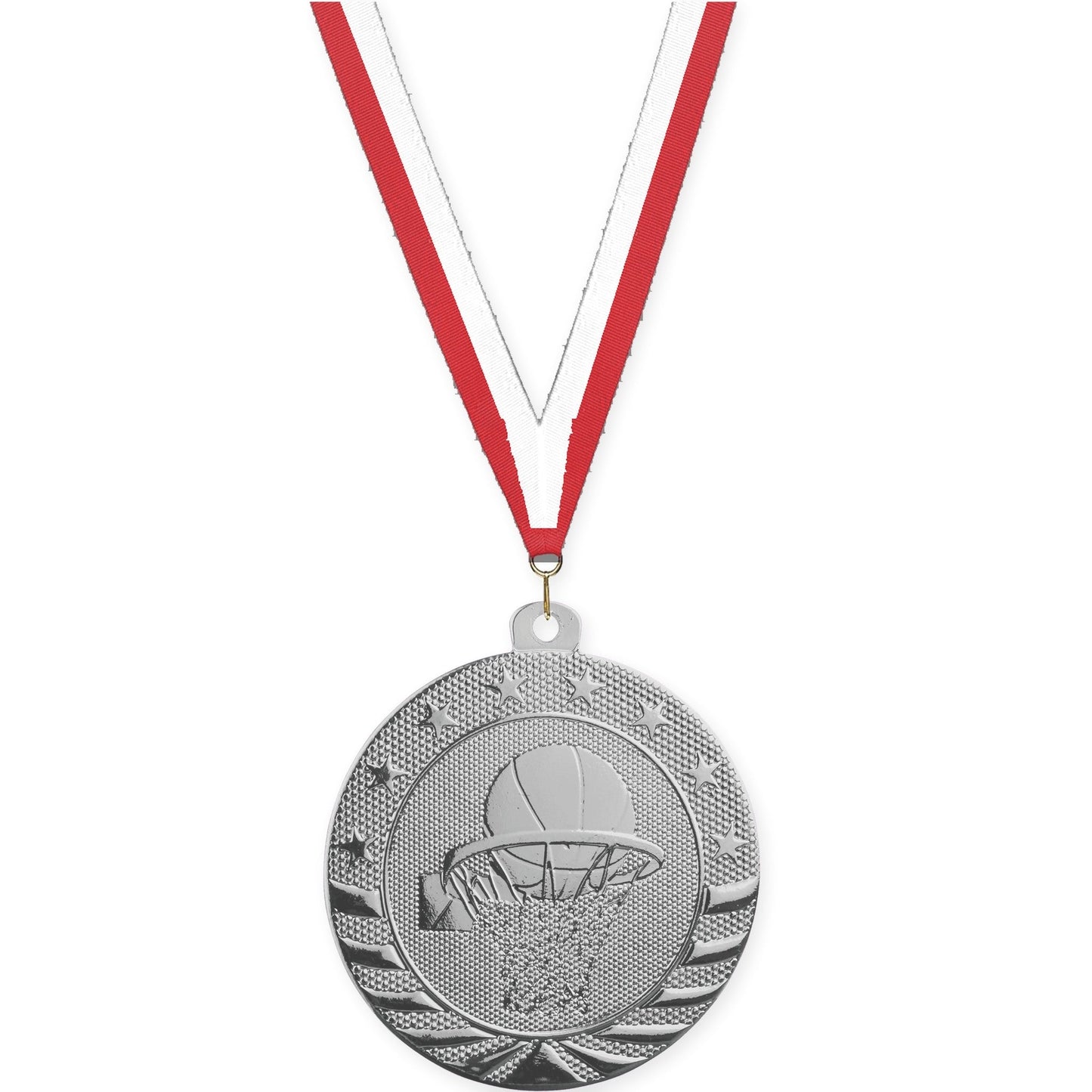 2 inch basketball Starbrite medal in bright silver with Red White neck ribbon