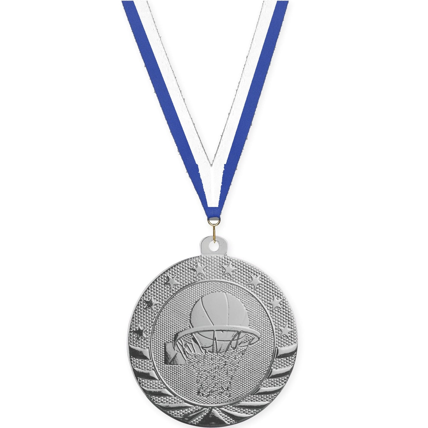 2 inch basketball Starbrite medal in bright silver with Blue White neck ribbon