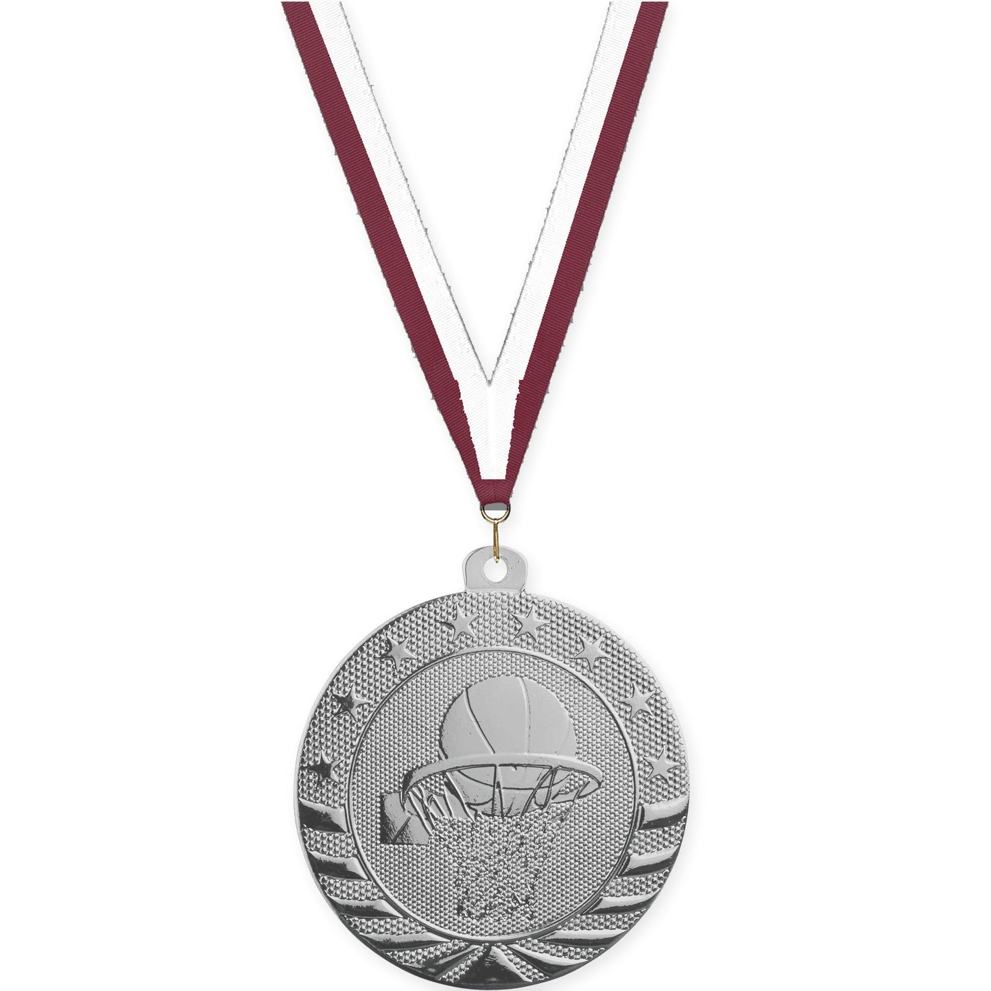 2 inch basketball Starbrite medal in bright silver with Maroon White neck ribbon